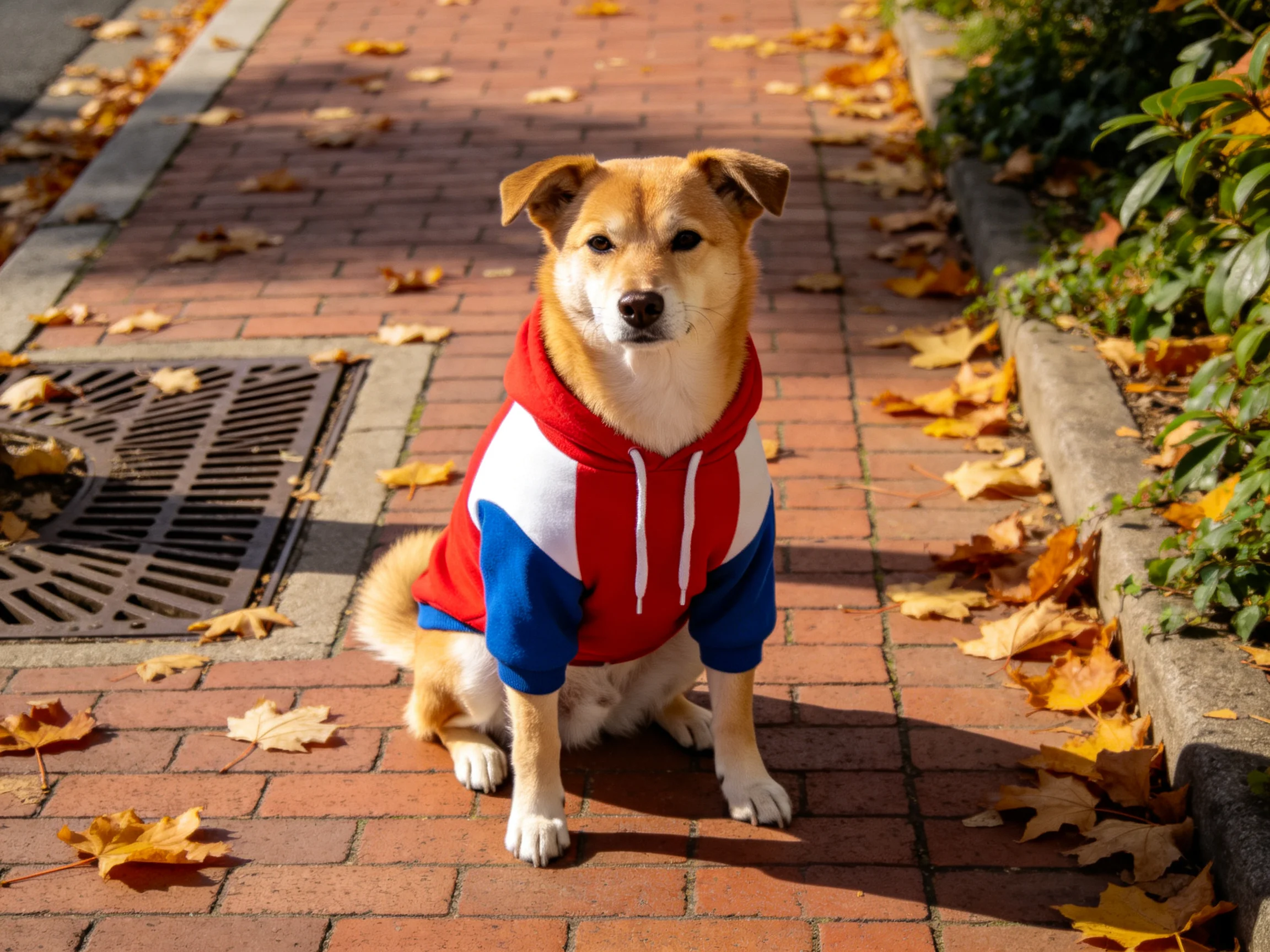 A tan dog in a red, white, and blue hoodie sits on a leaf-strewn brick path