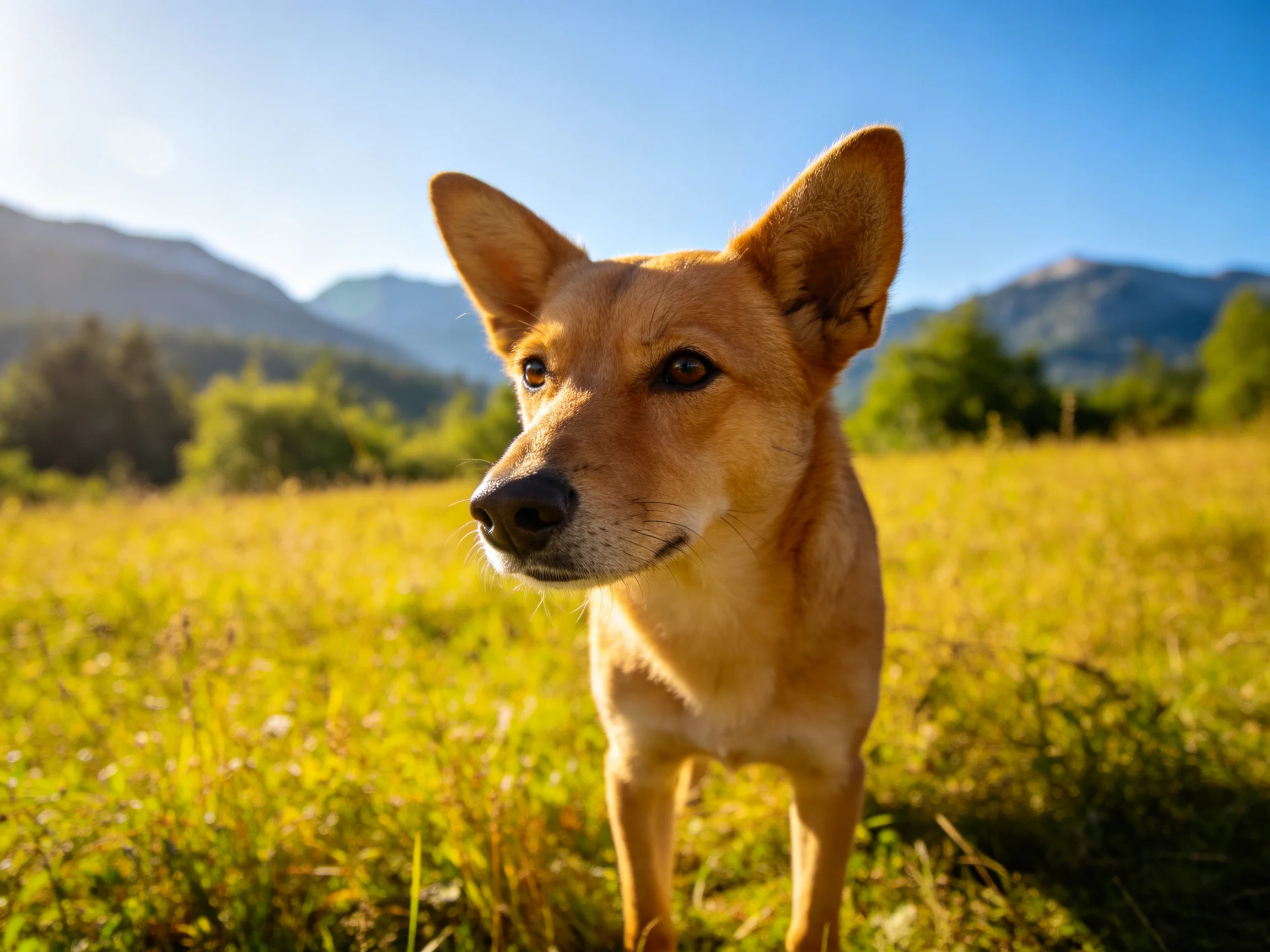 A tan dog in a sunlit meadow with mountainous backdrop