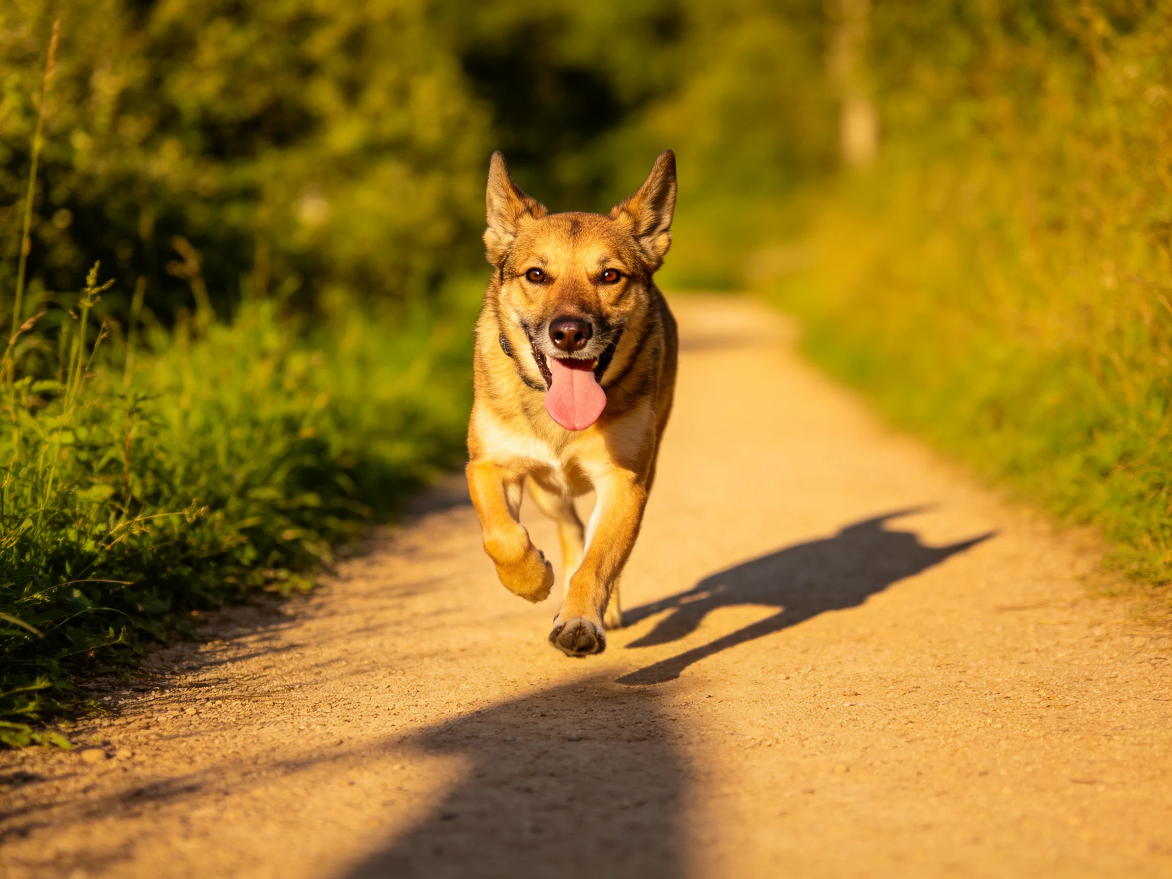 A tan dog joyfully runs down a sunlit dirt path with lush greenery