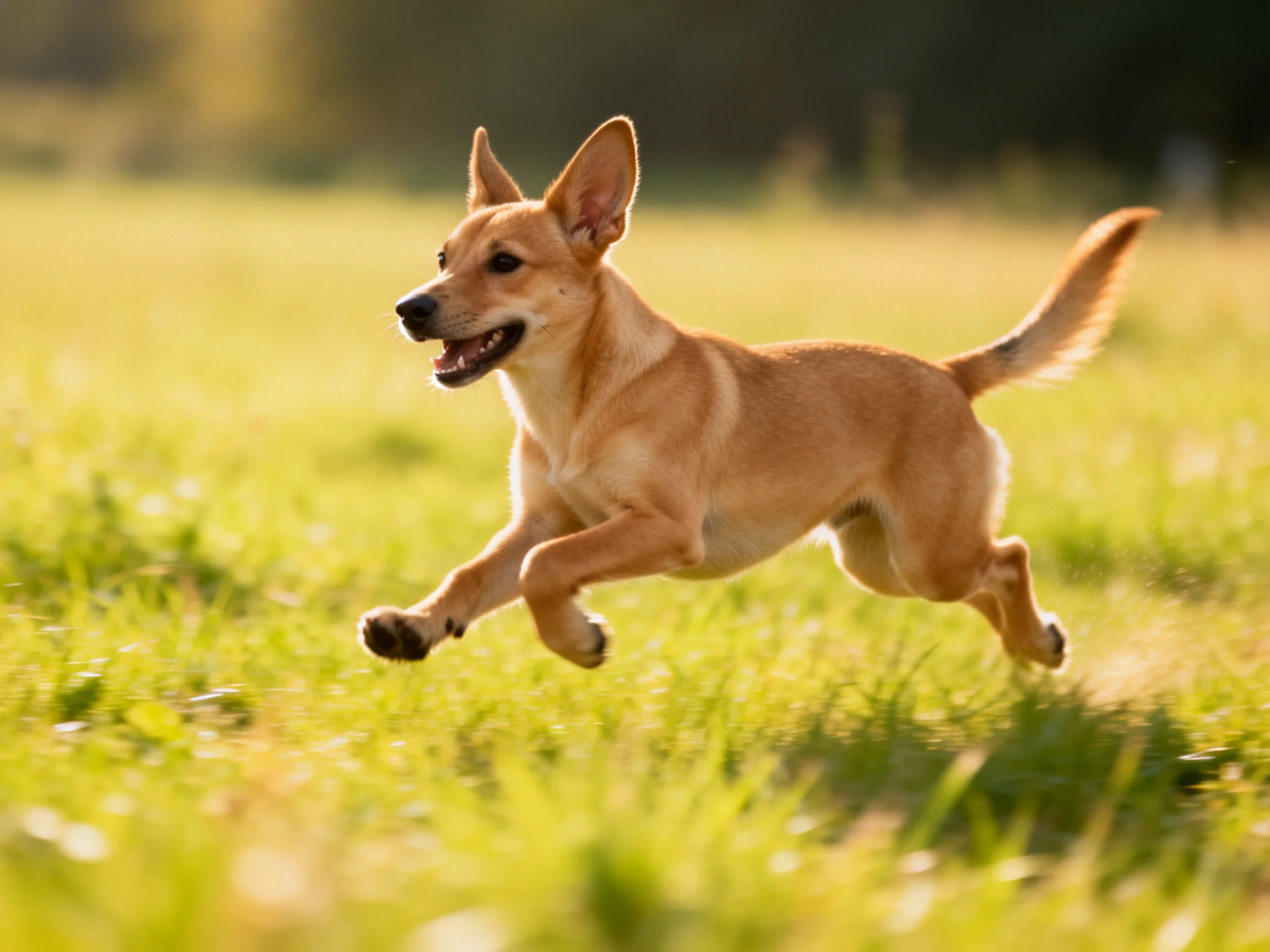 A tan dog joyfully runs through a sunlit green meadow