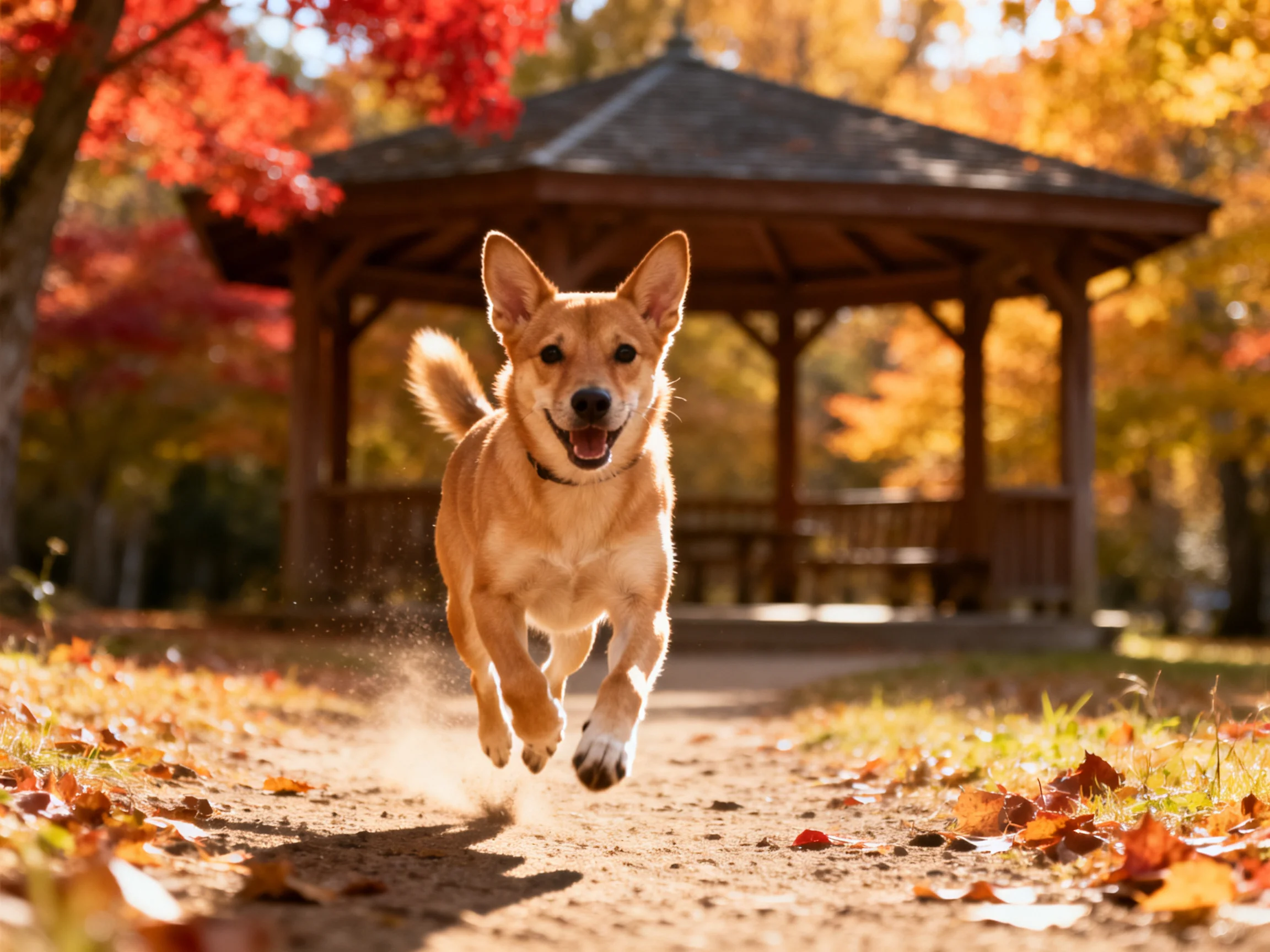 A tan dog dashes through fallen leaves in an autumn park with a wooden gazebo.