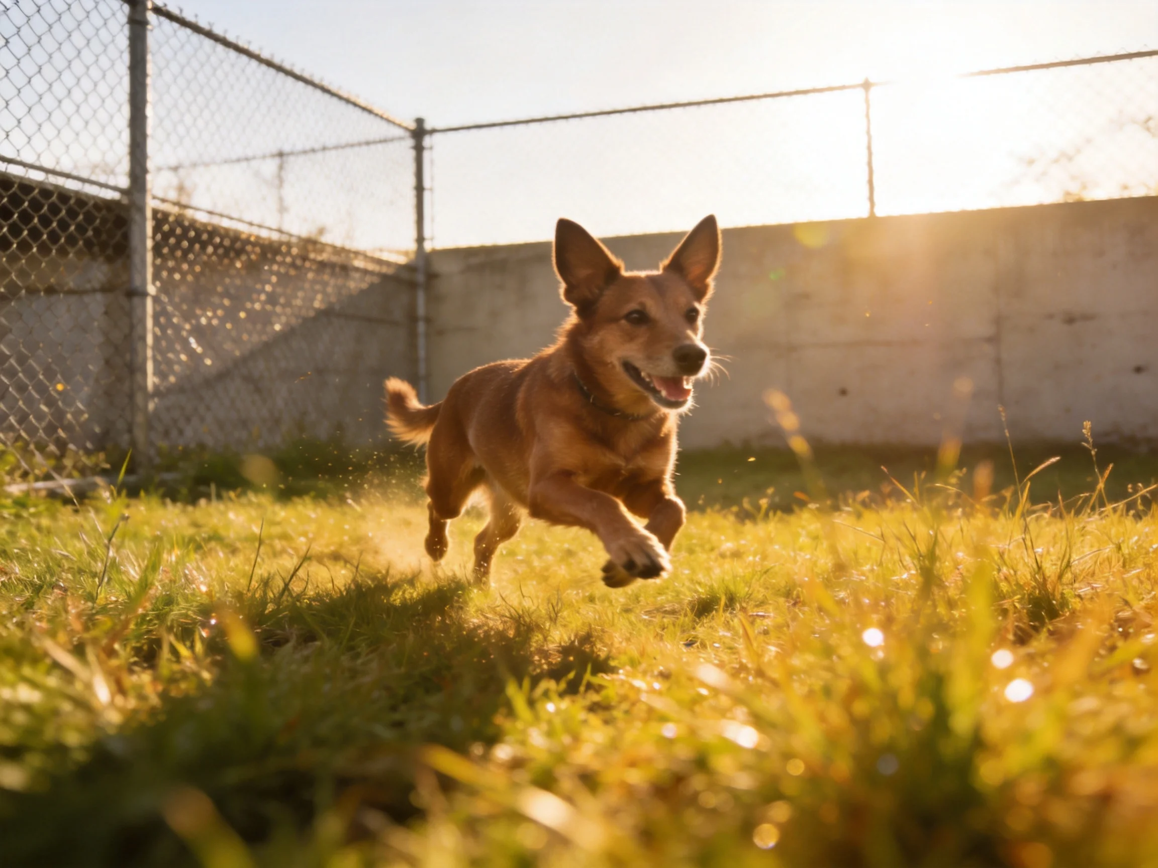 A tan dog joyfully runs through golden grass near a chain-link fence