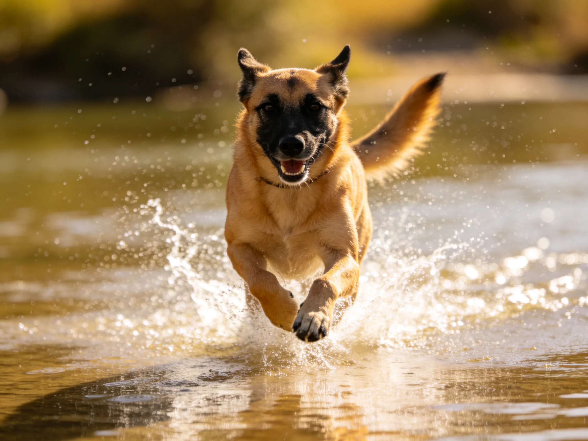 A tan dog joyfully splashing through shallow golden water