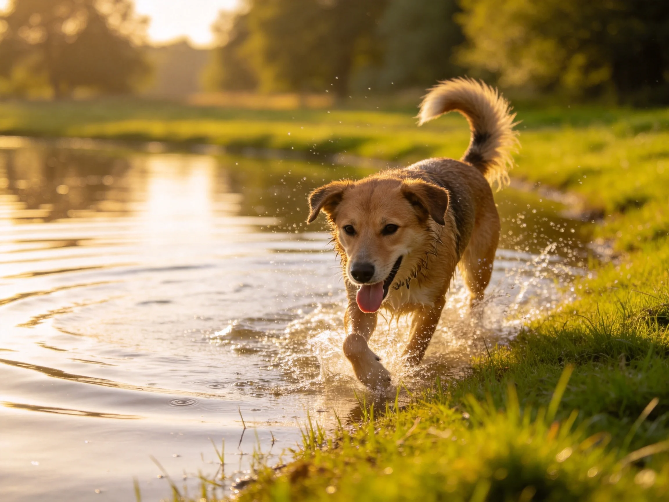 A tan dog joyfully splashing through shallow water near lush green grass