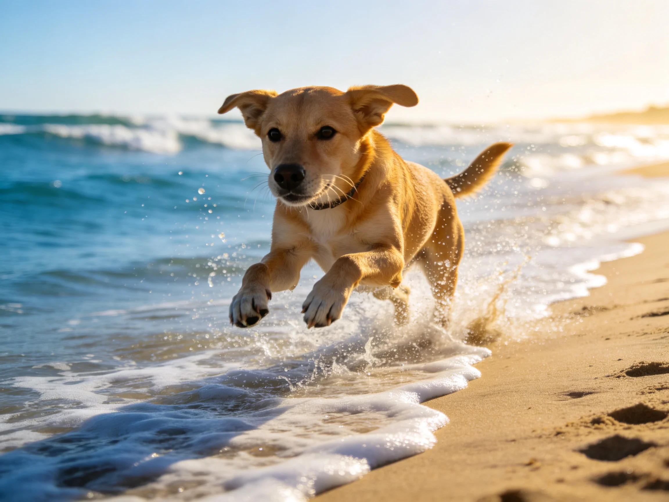 A tan dog runs joyfully along the shoreline where ocean waves meet sand.