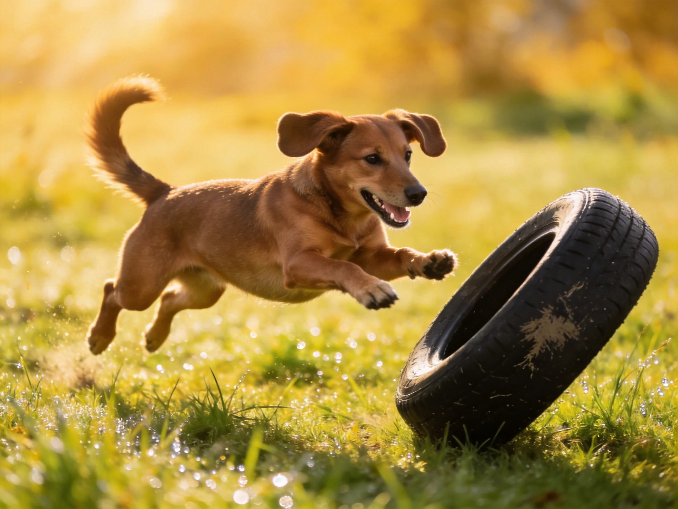 A tan dog leaps toward a black tire on sun-dappled grass