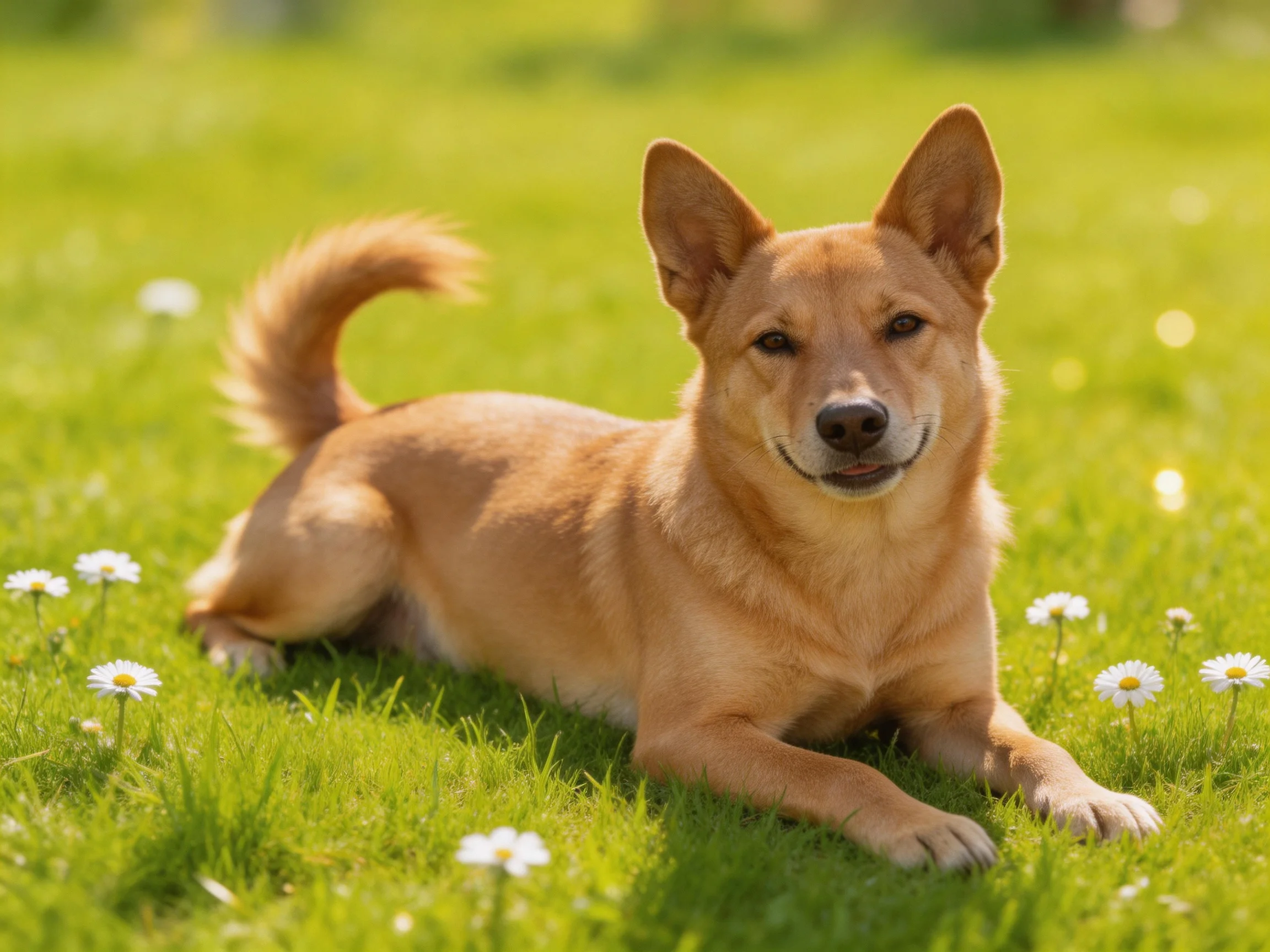 A tan dog lounges on a verdant lawn with white daisies