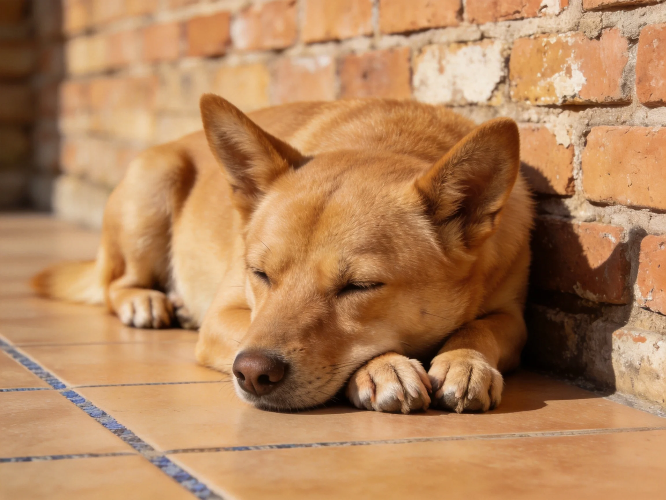 A tan dog naps beside a weathered brick wall