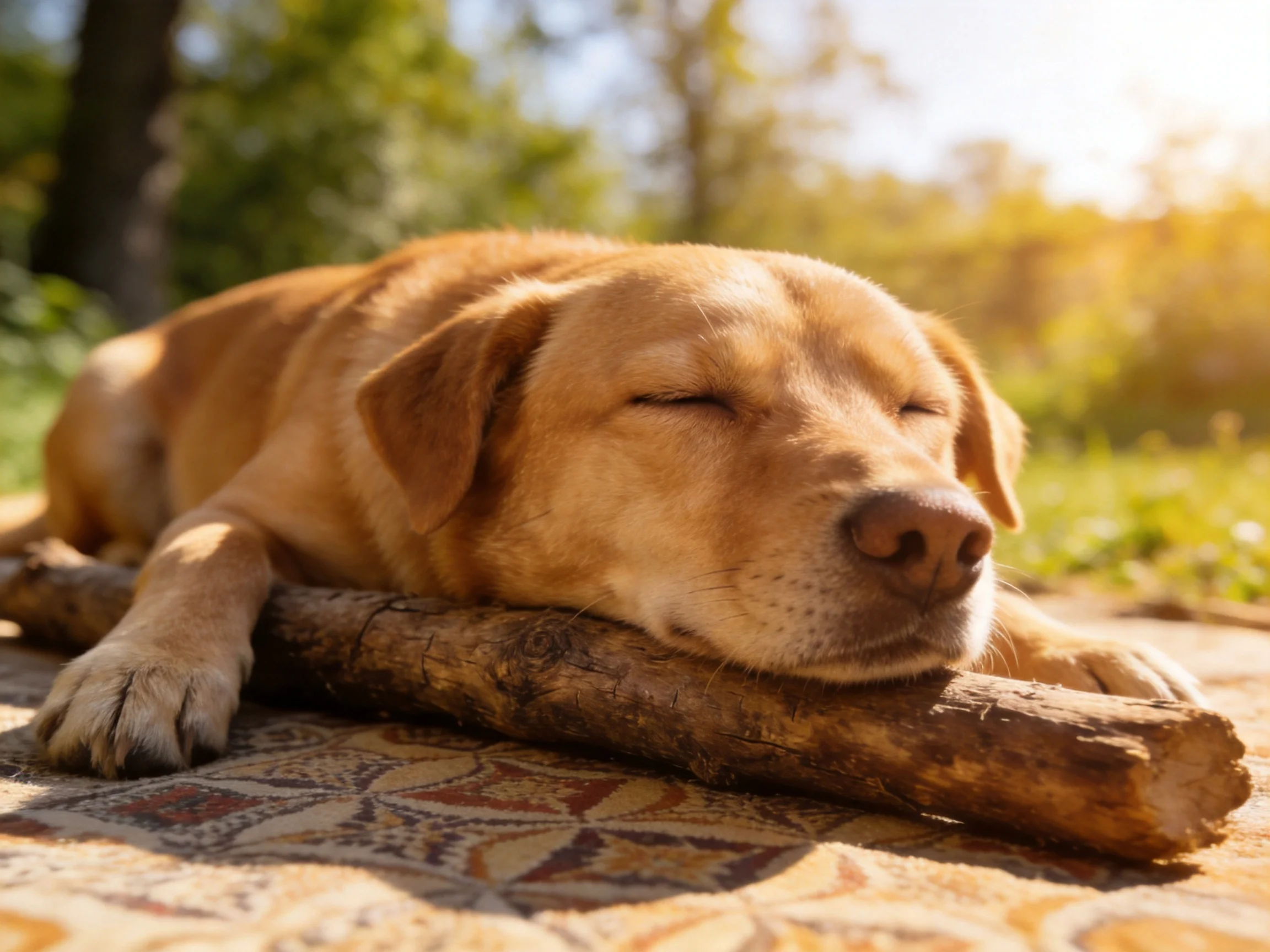 A tan dog naps on a large wooden log under sunny skies