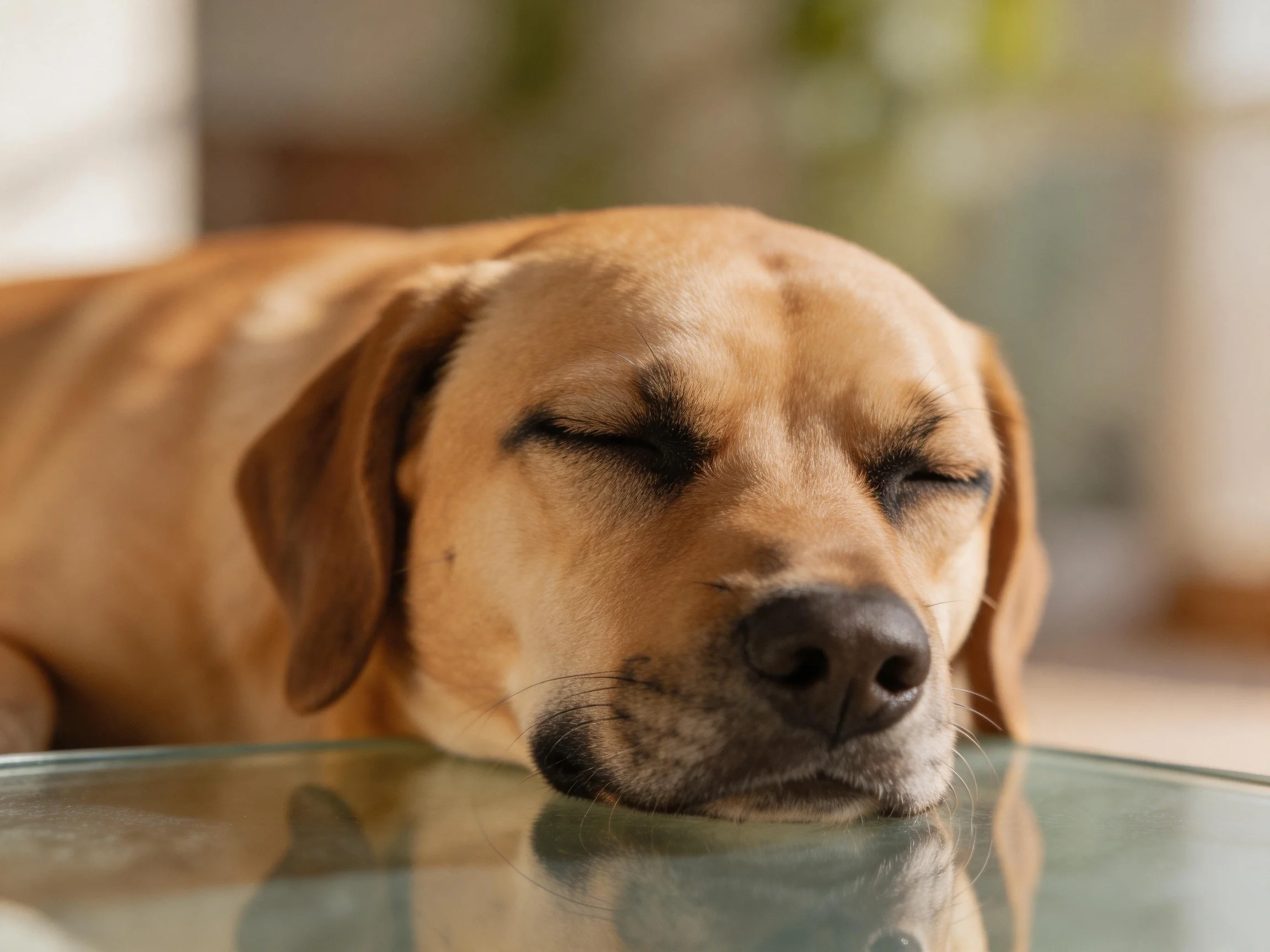 A tan dog peacefully sleeps on a glass table in soft lighting