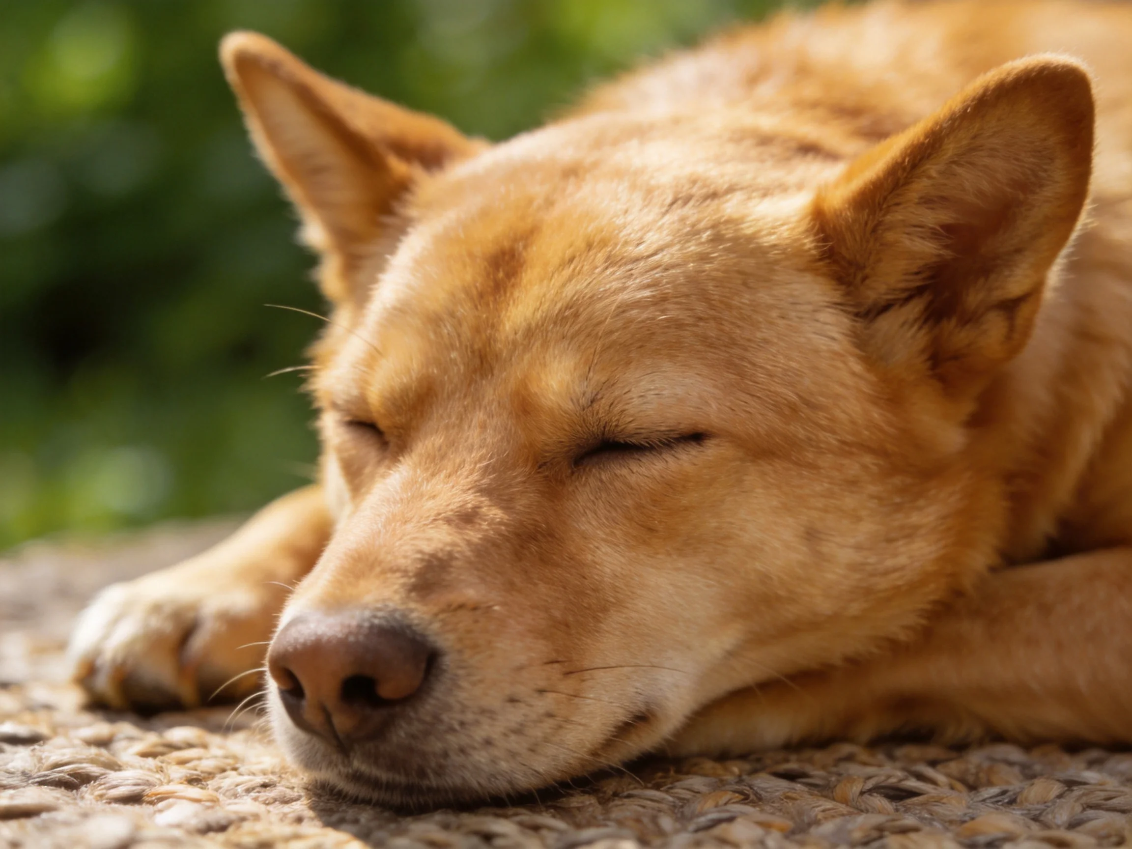 A tan dog peacefully sleeps on a woven outdoor mat