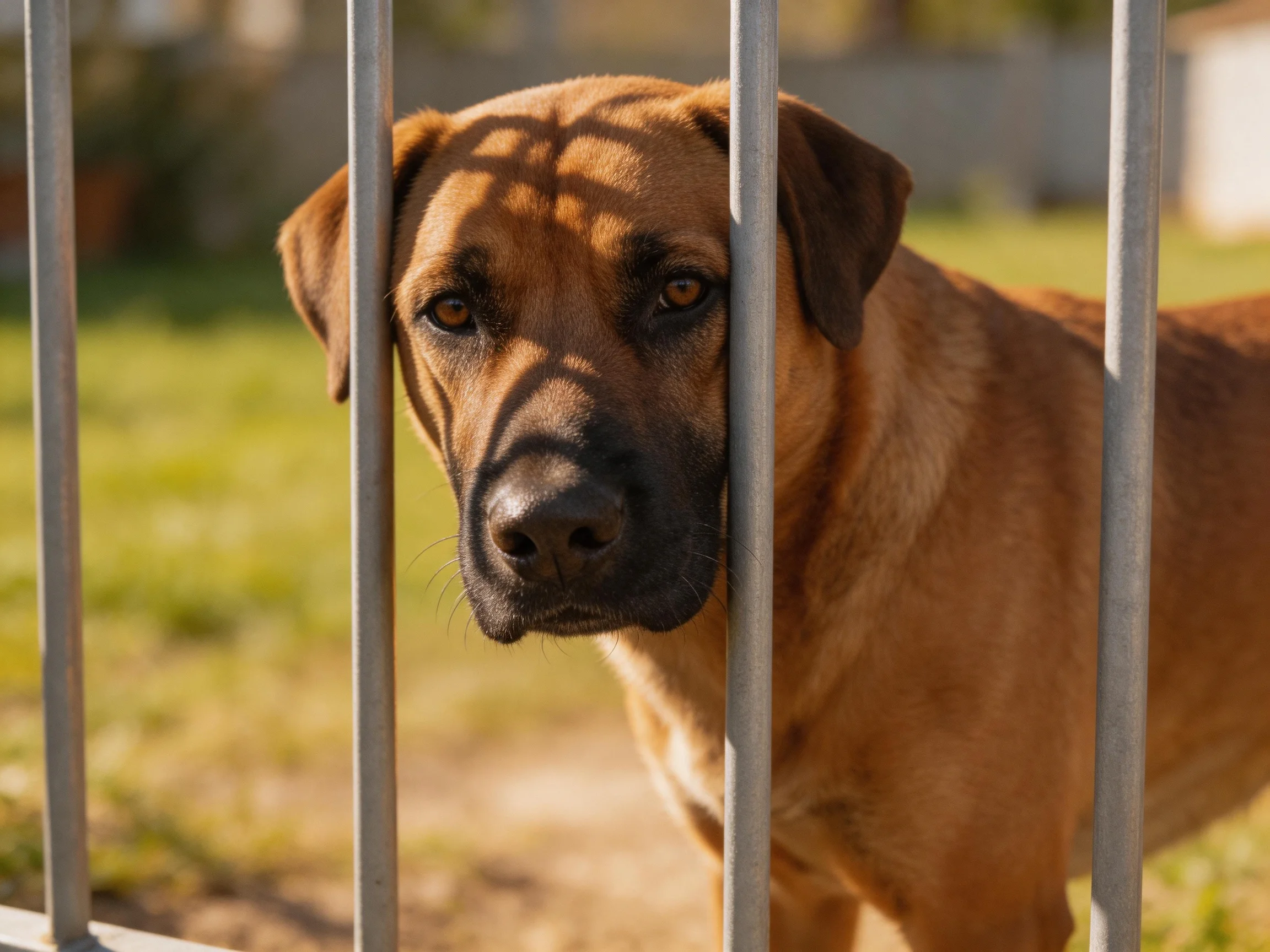 A tan dog looks through metal bars in a sunlit outdoor area.