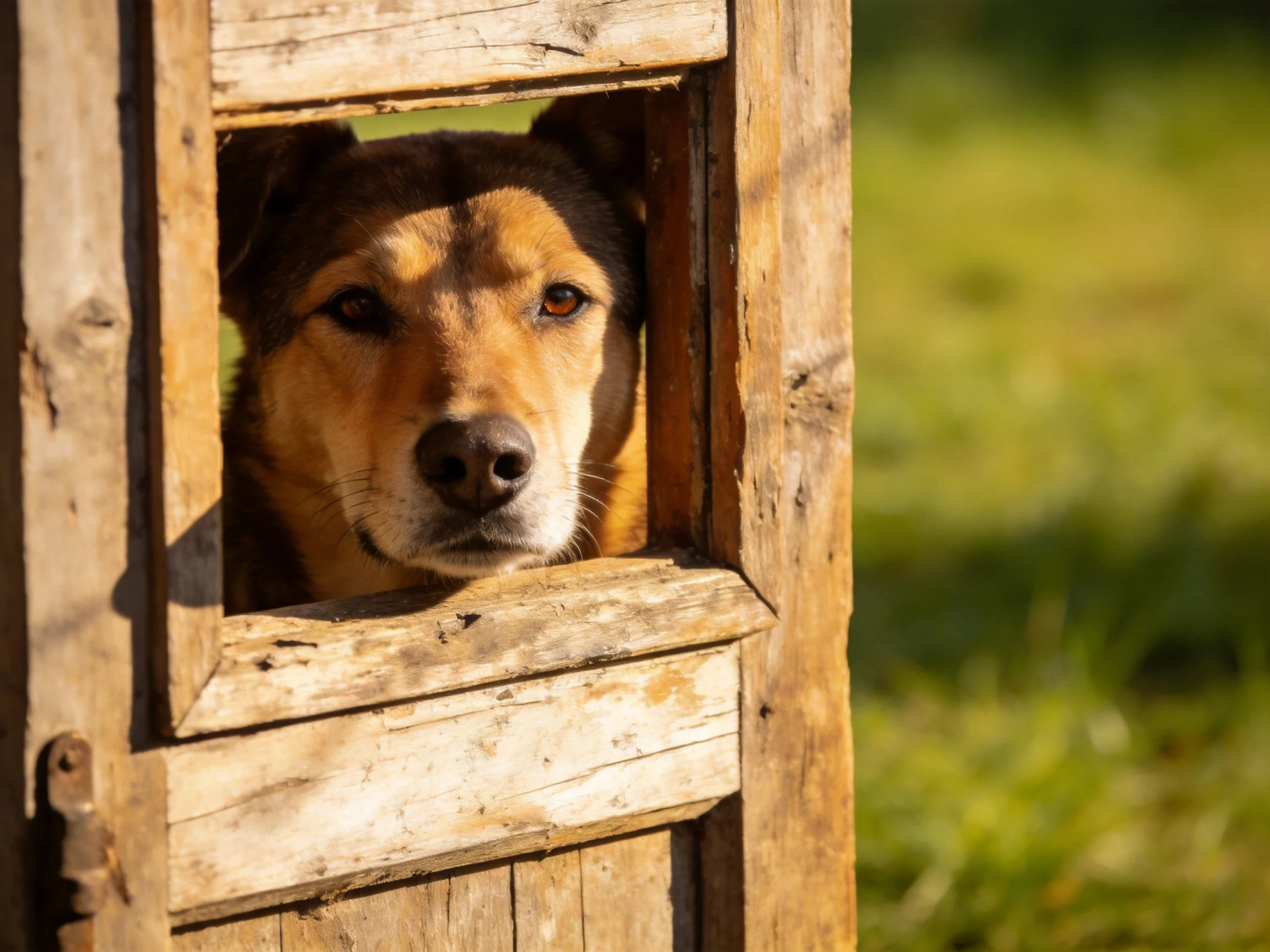 A tan dog peers from an aged wooden window frame