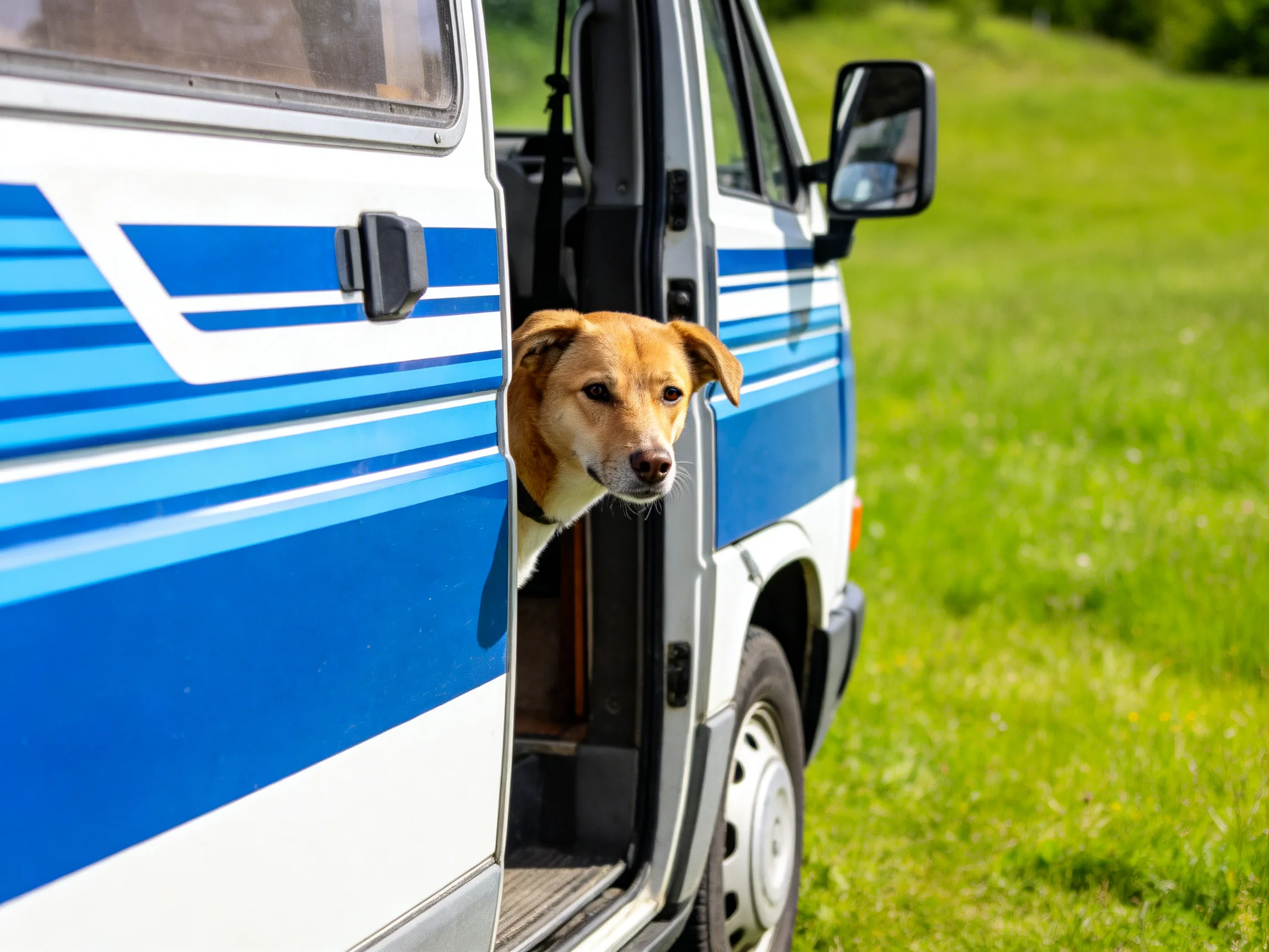 A tan dog peers out of a blue-and-white striped van beside green grass