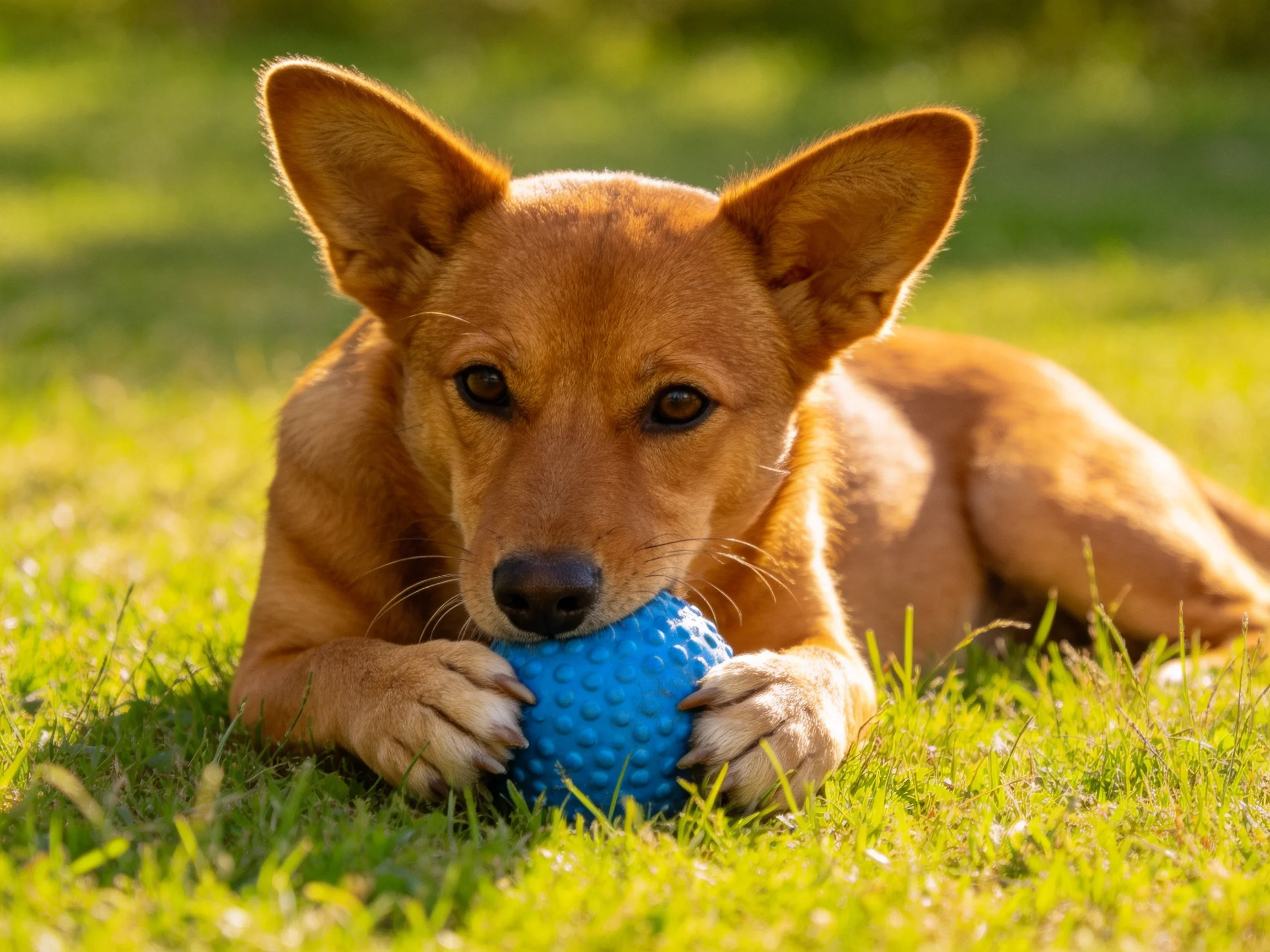 A tan dog plays with a blue rubber ball on green grass