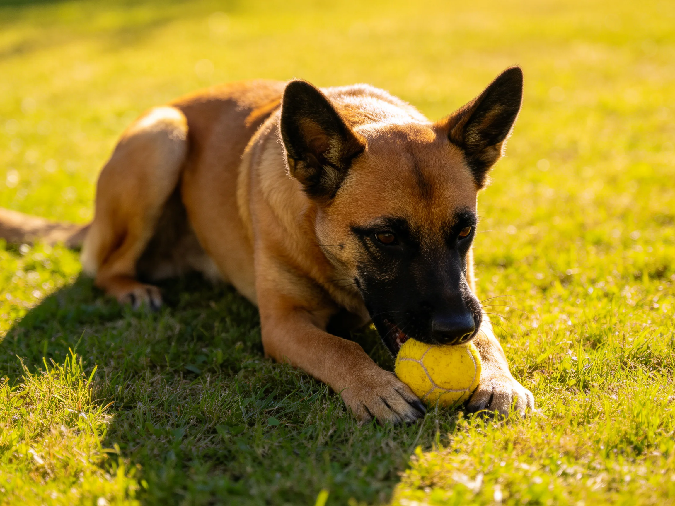A tan dog plays with a bright yellow ball on lush green grass
