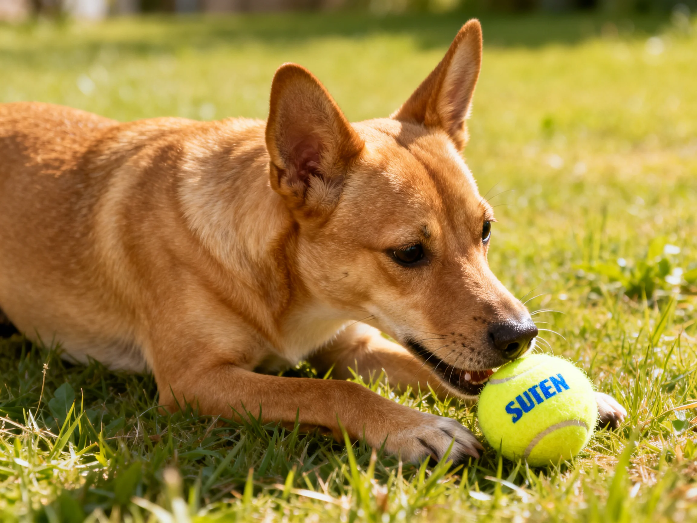 A tan dog plays with a bright yellow tennis ball on lush green grass