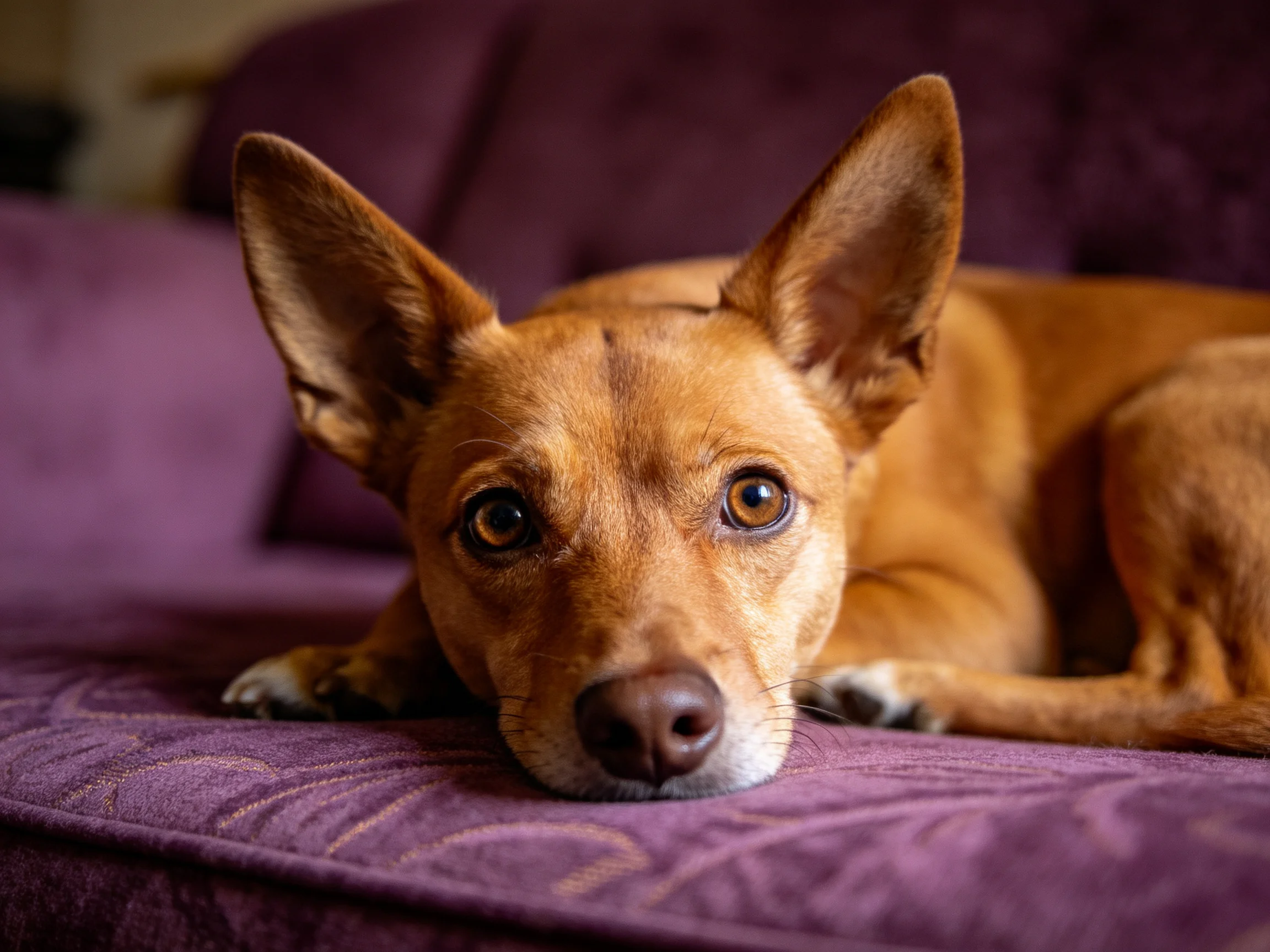 A tan dog reclines on a plush purple couch with perked ears