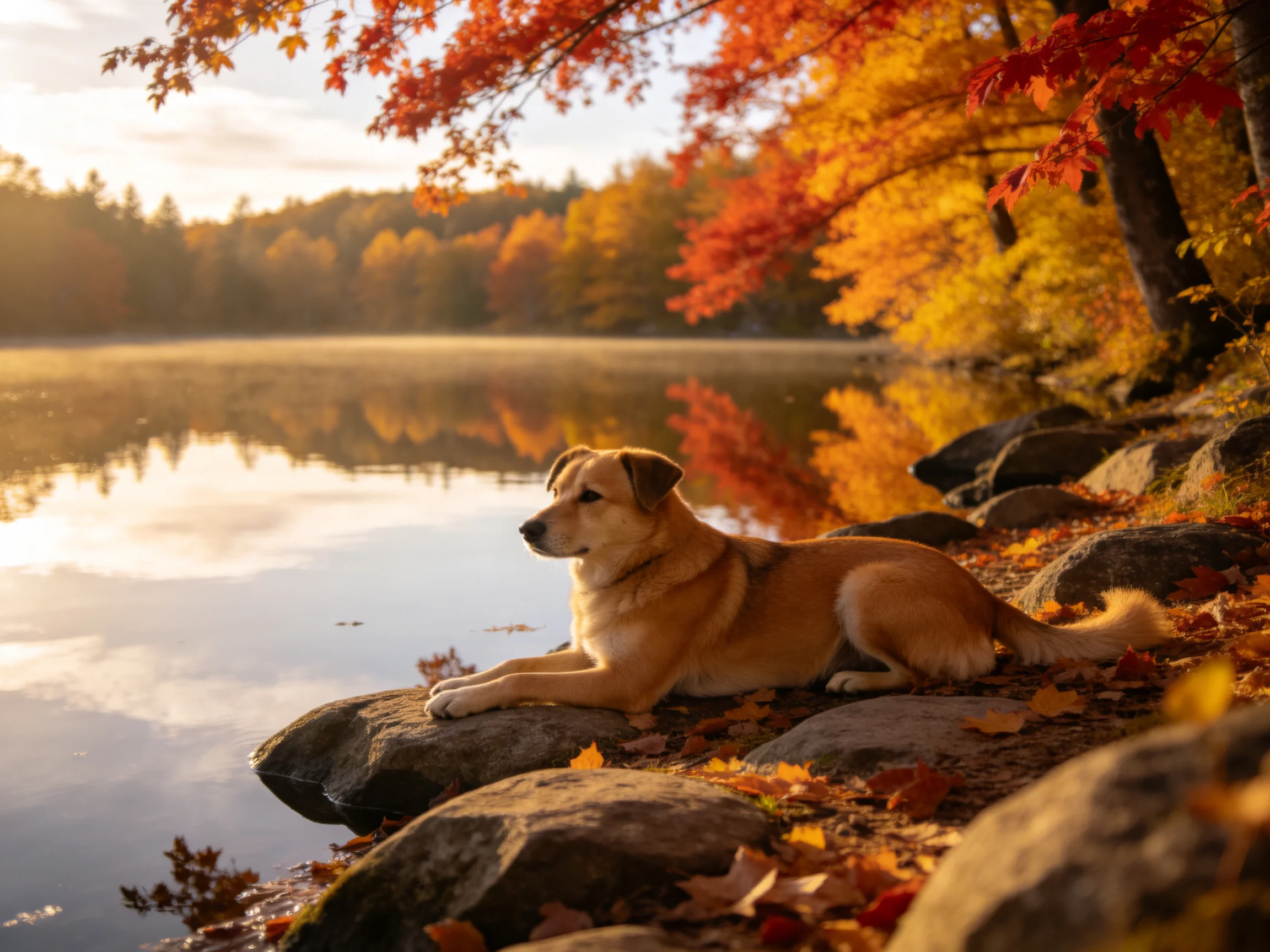 A tan dog rests peacefully by a serene autumn lakeshore.