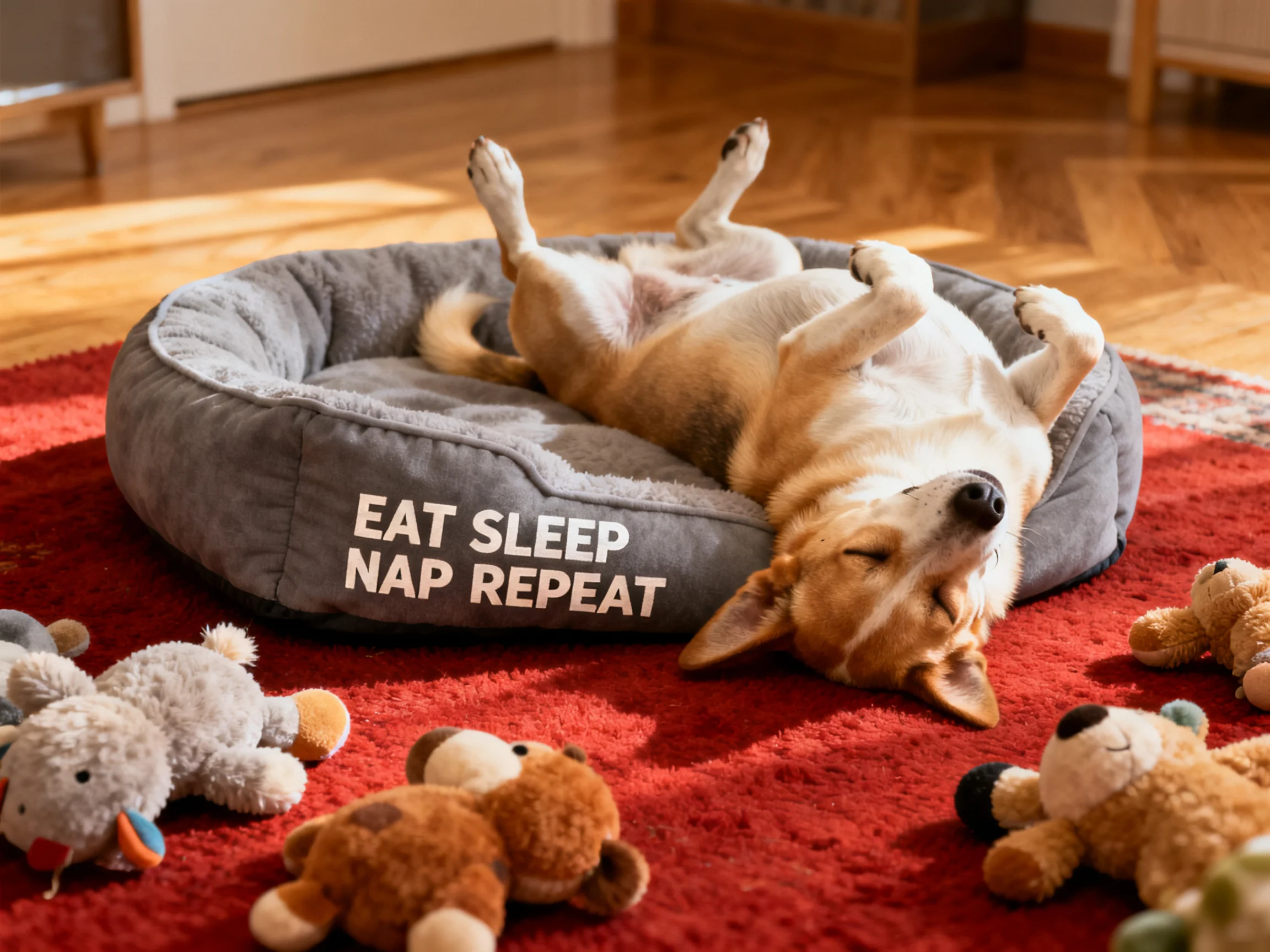 A tan dog relaxes in a gray bed on a red rug with plush toys