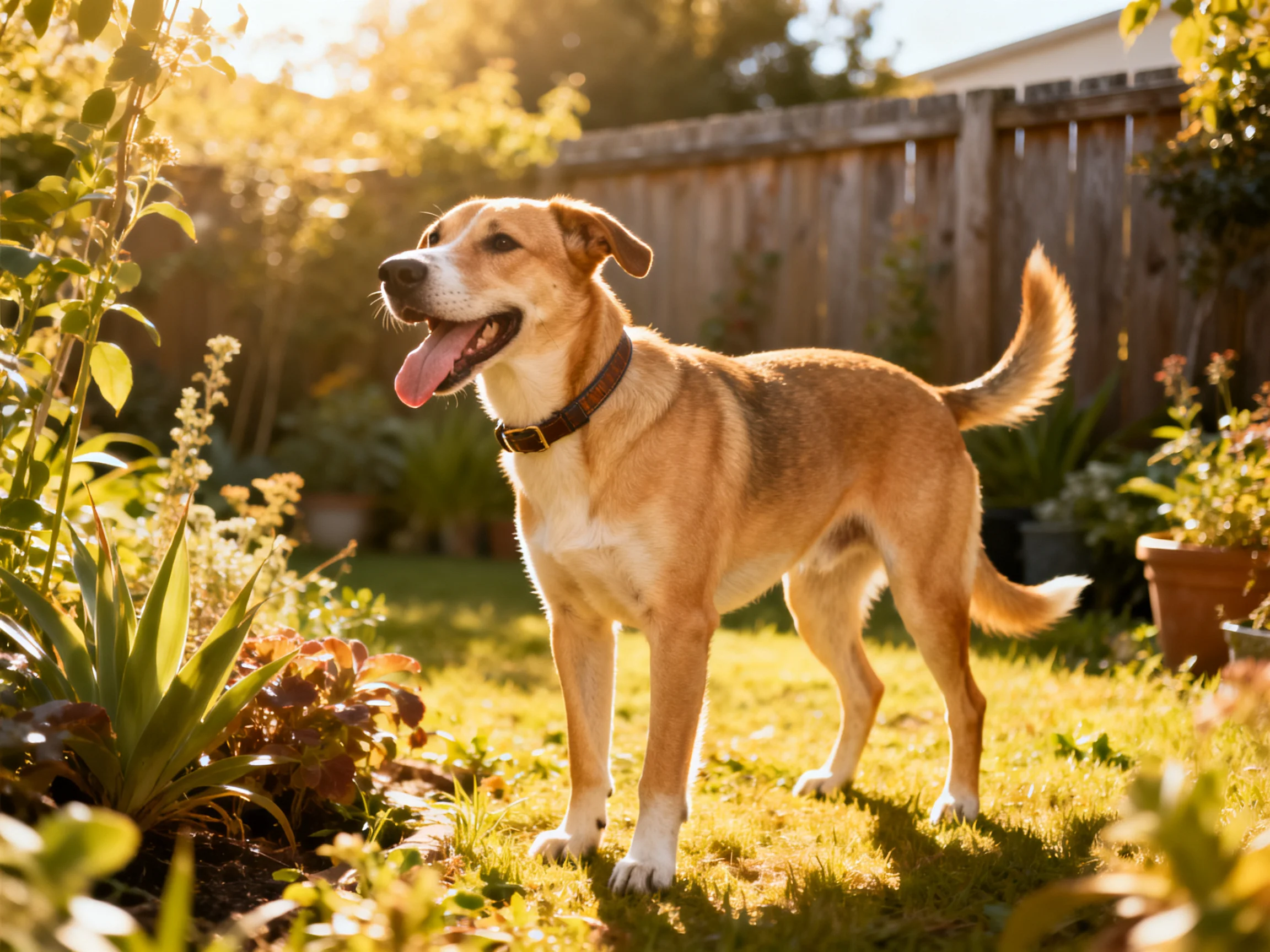 A tan dog enjoys a sunlit backyard garden.