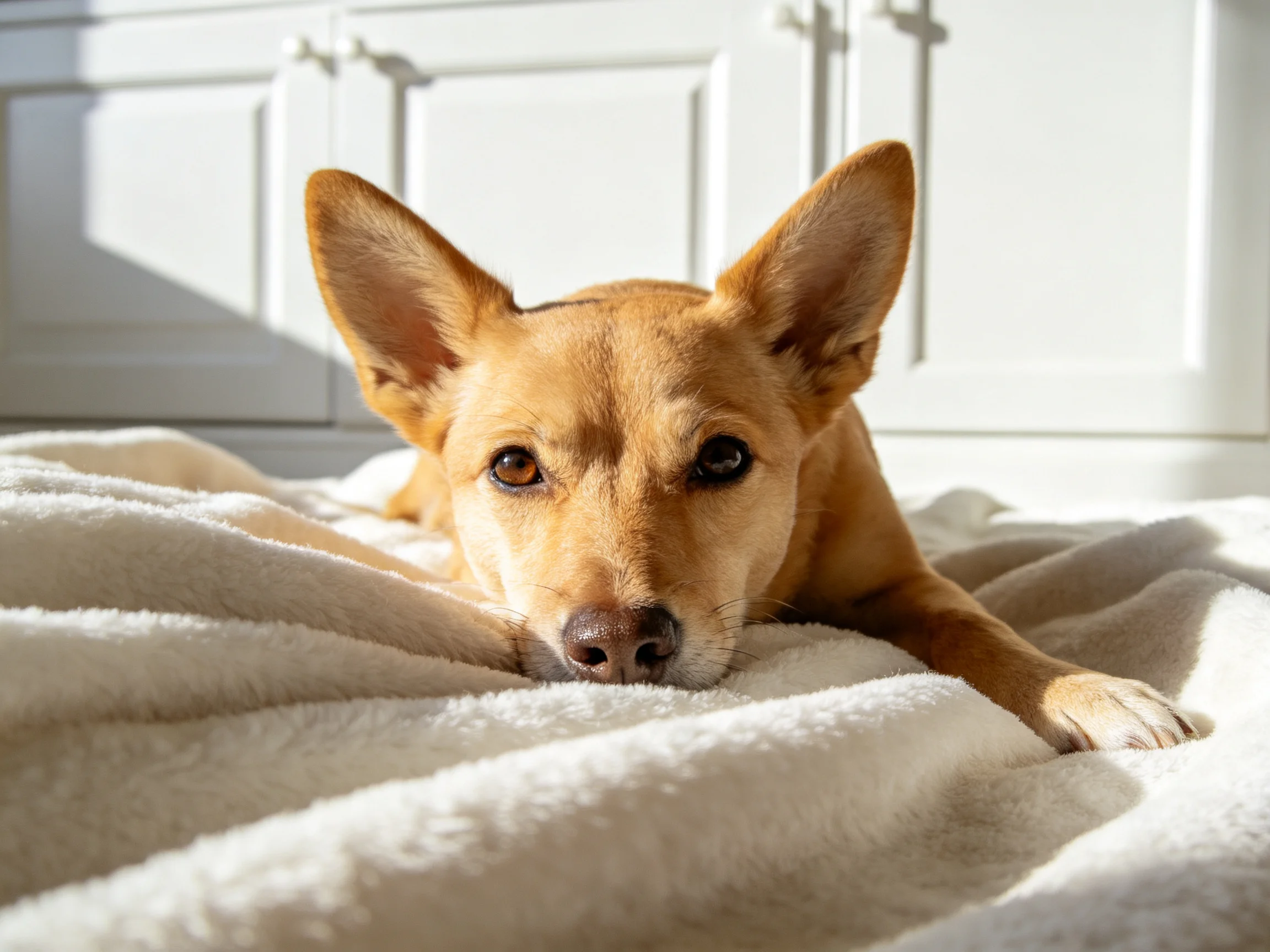 A tan dog rests on a soft blanket near white cabinets in sunlight.