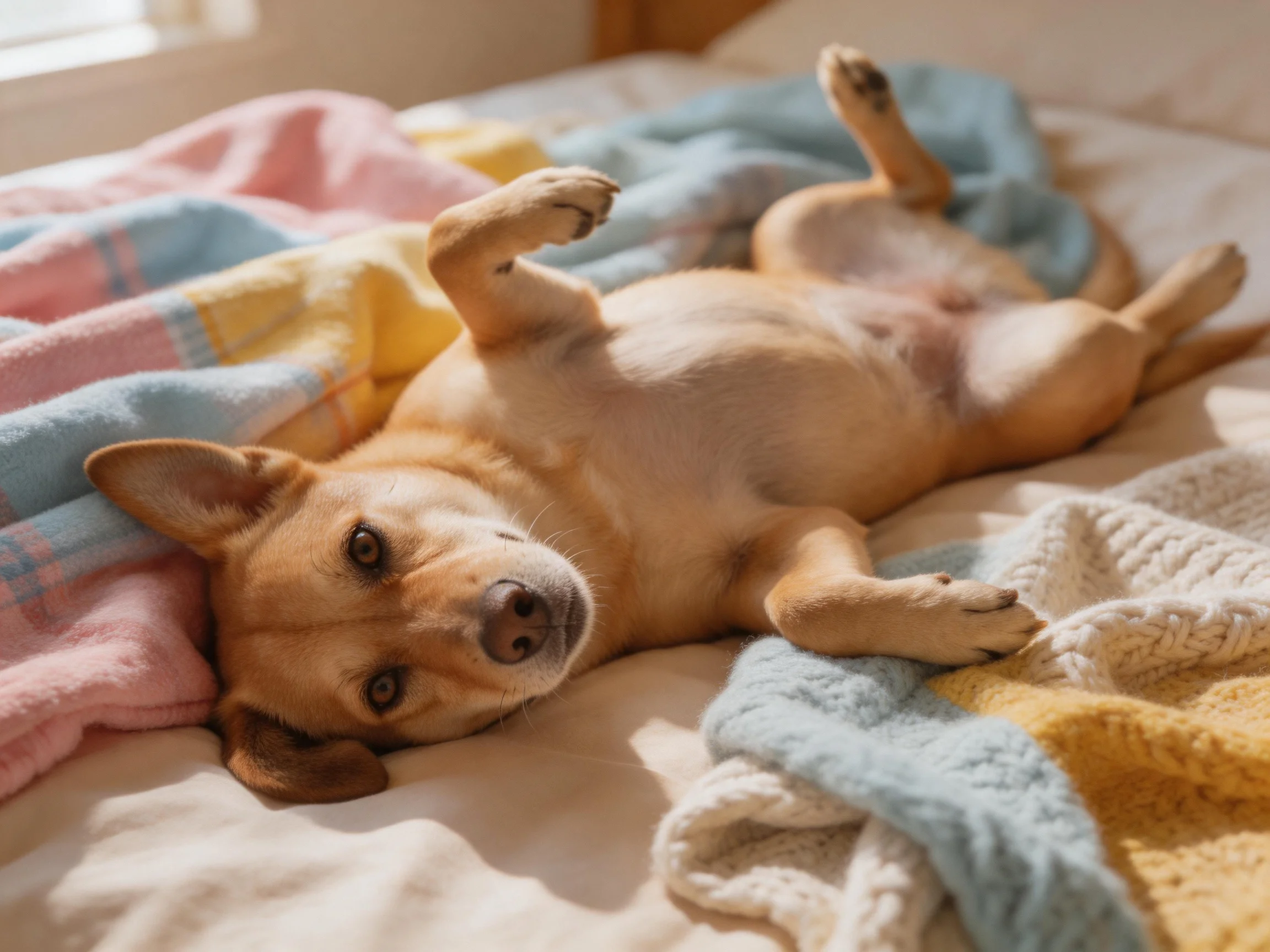A tan dog relaxes on colorful blankets in warm sunlight