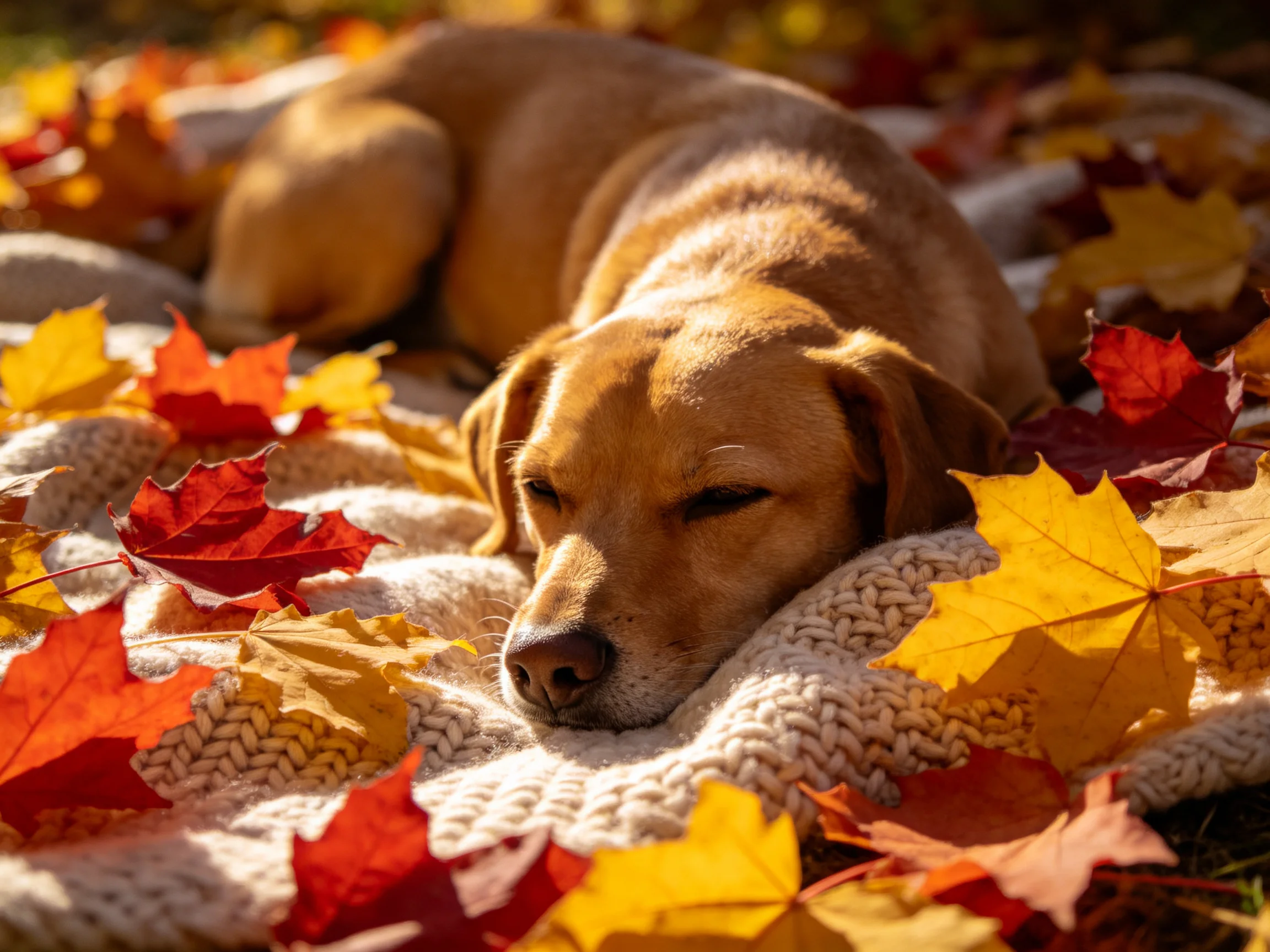 A tan dog sleeps among autumn leaves on a cream blanket.