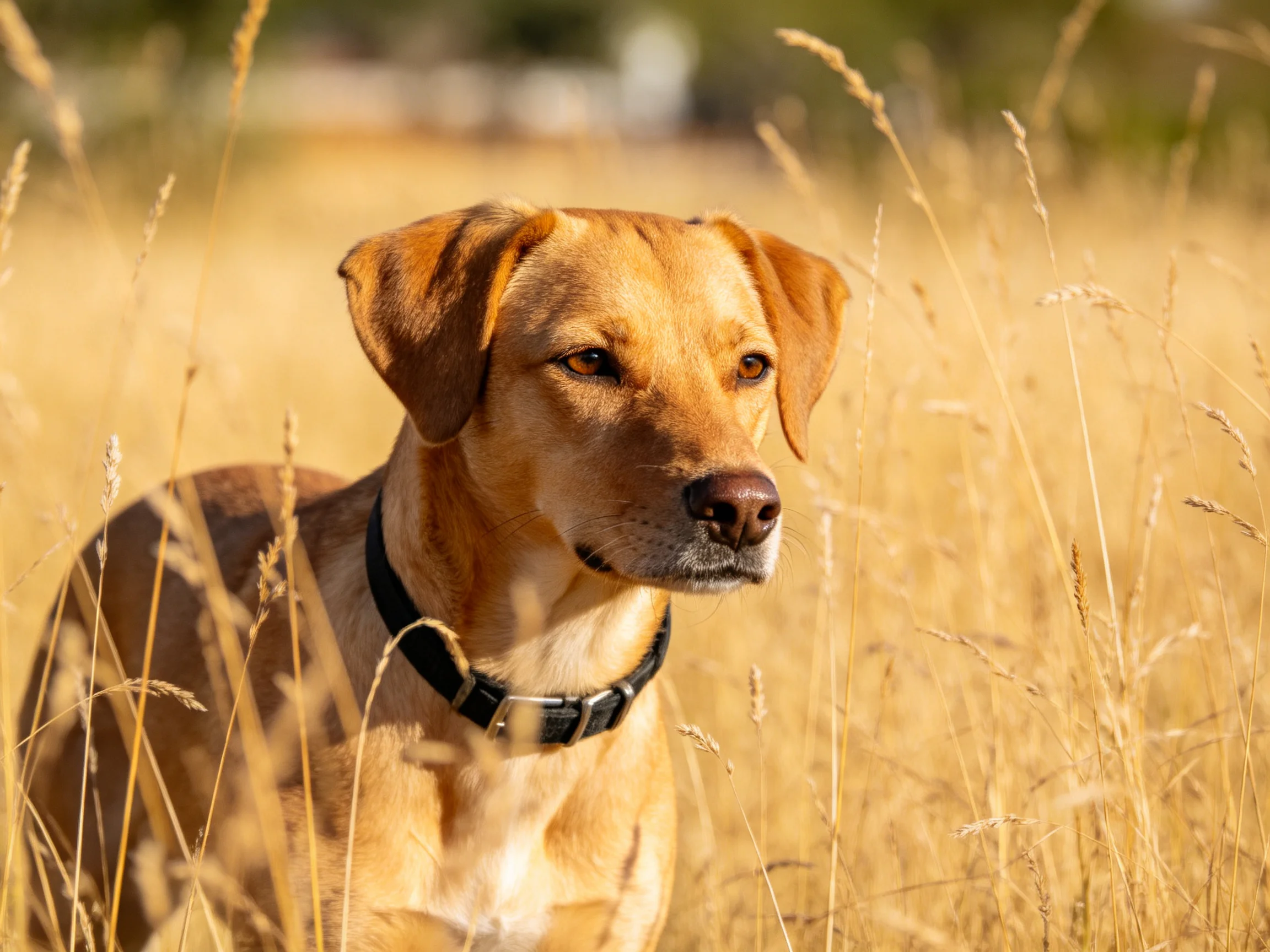 A tan dog is among tall golden grasses in a sunlit outdoor area.