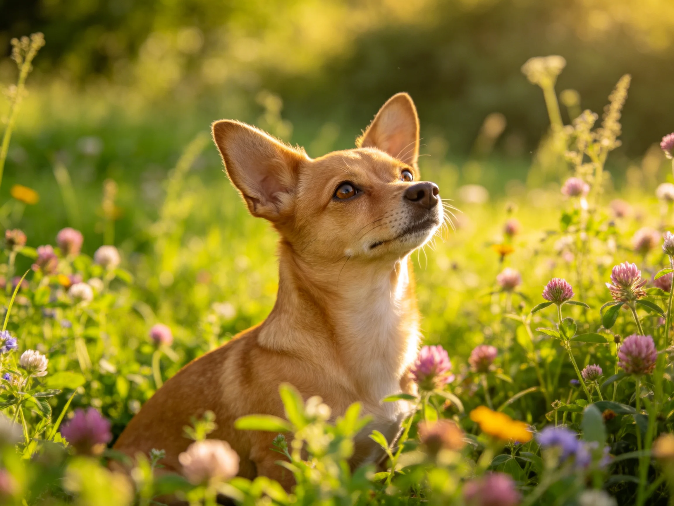 A tan dog rests amid vibrant wildflowers and lush greenery