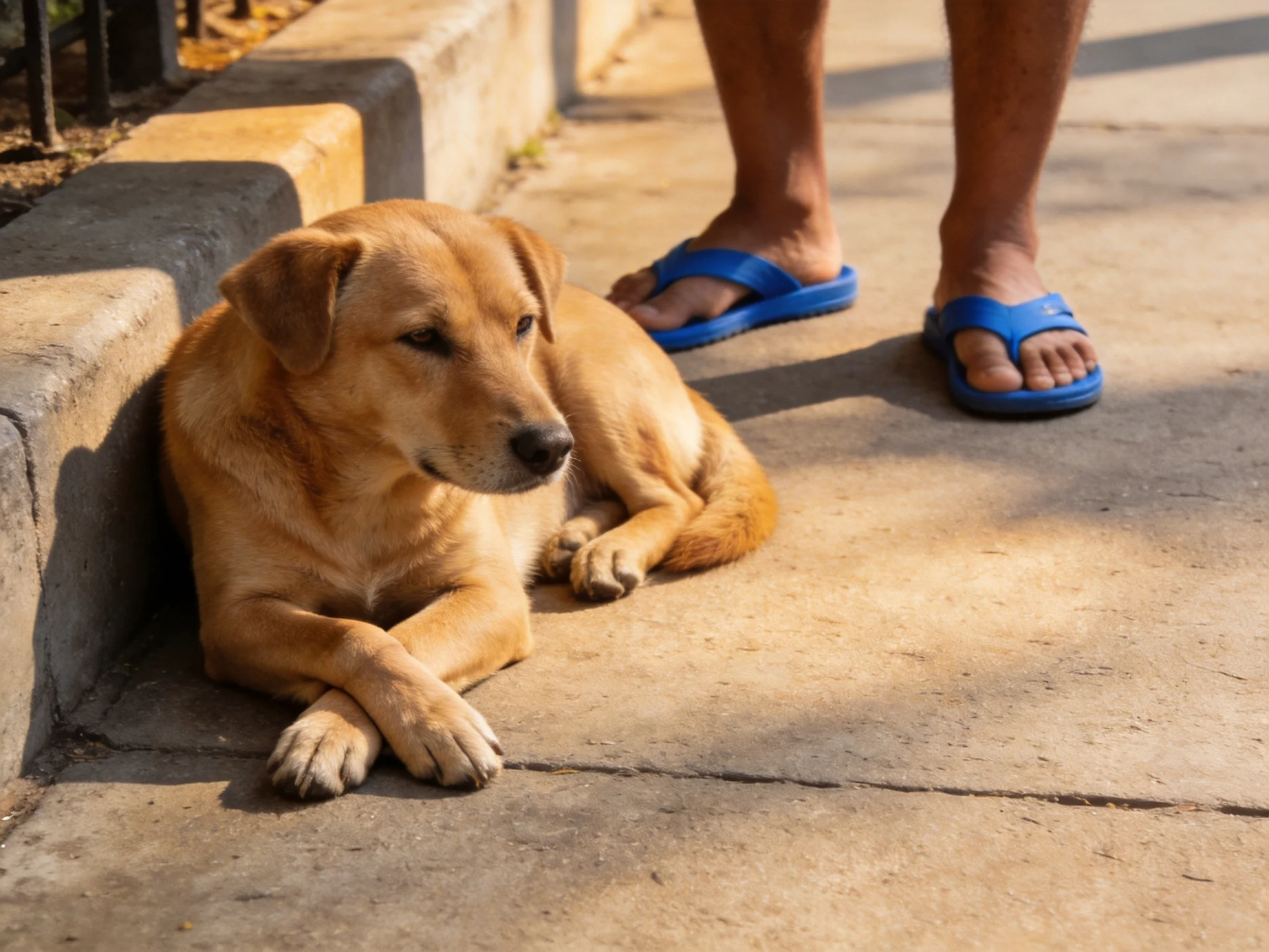 A tan dog relaxes by a curb near someone wearing blue flip - flops
