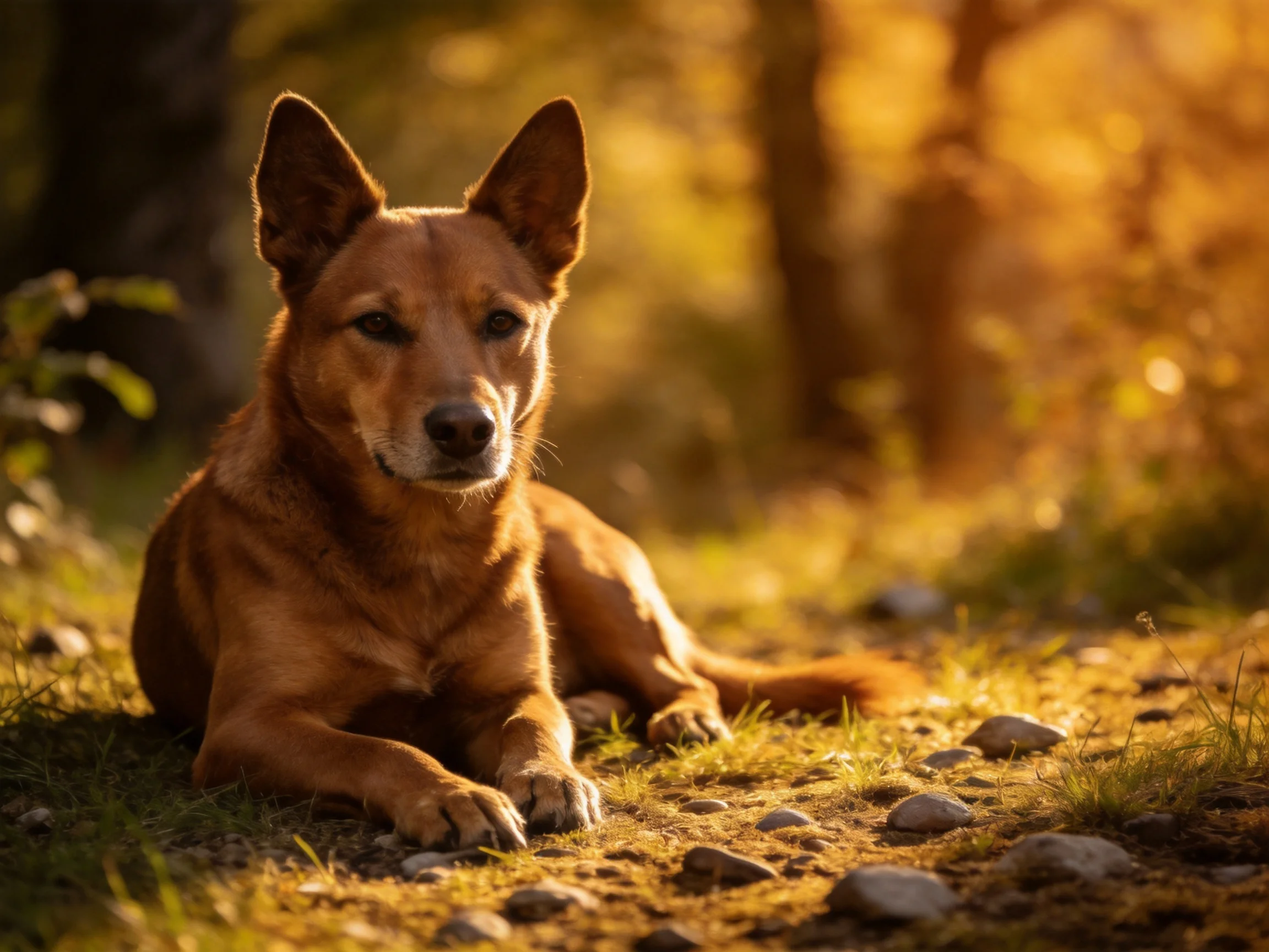 A tan dog rests calmly in a sunlit forest setting.
