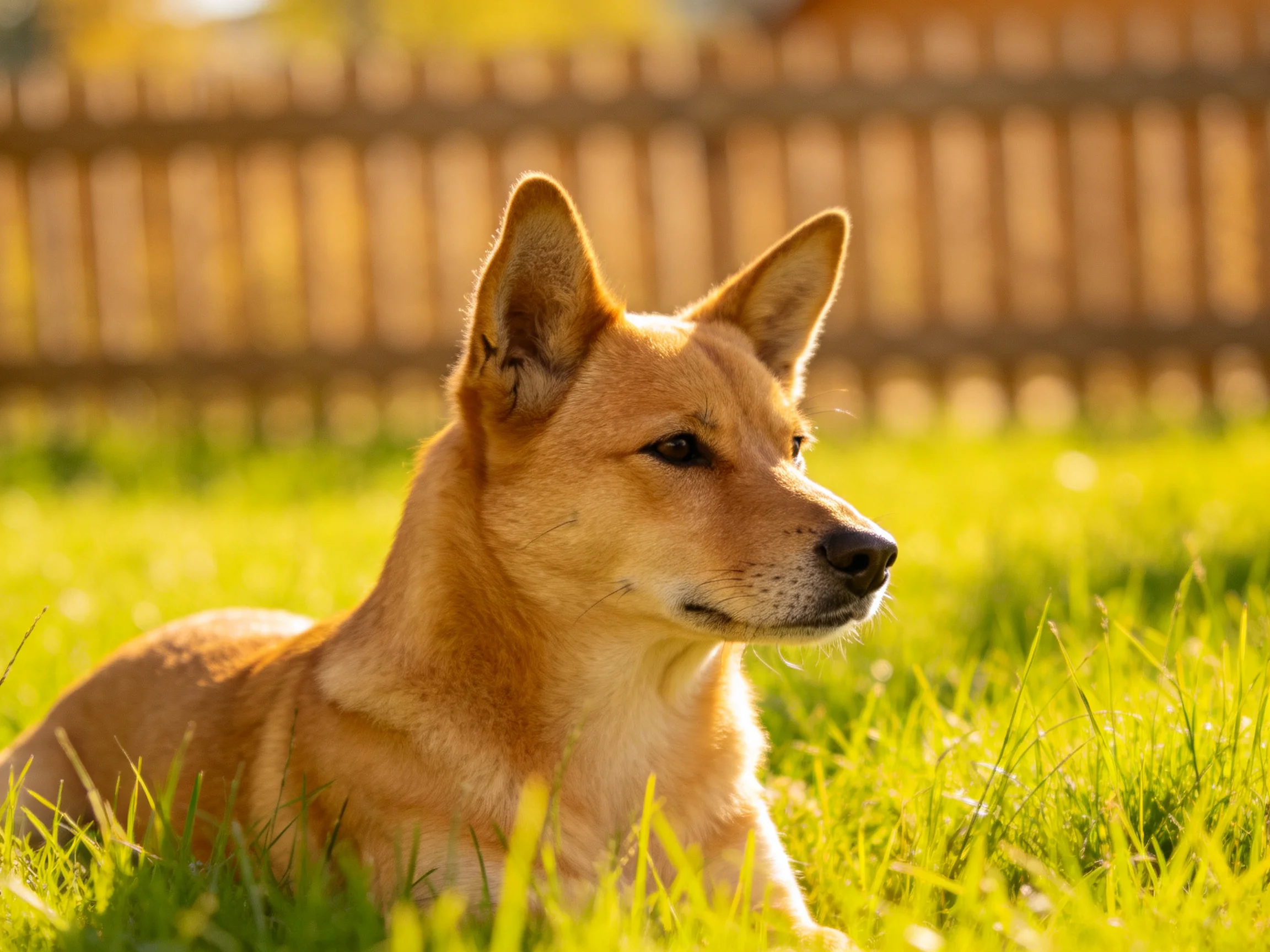 A tan dog lies calmly in a sunlit grassy area with a wooden fence behind.