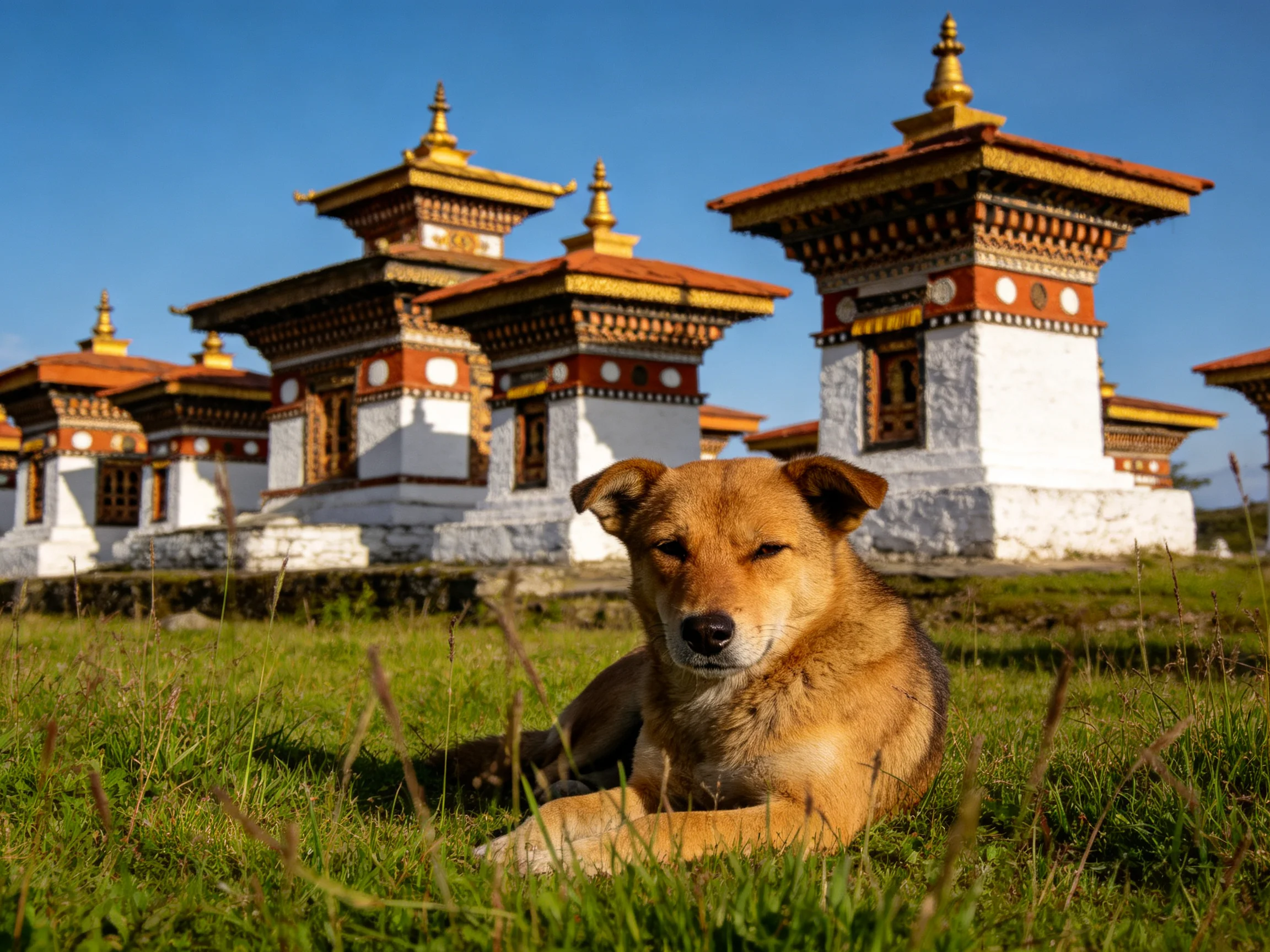 A brown dog relaxes on grass with traditional temples in the background.