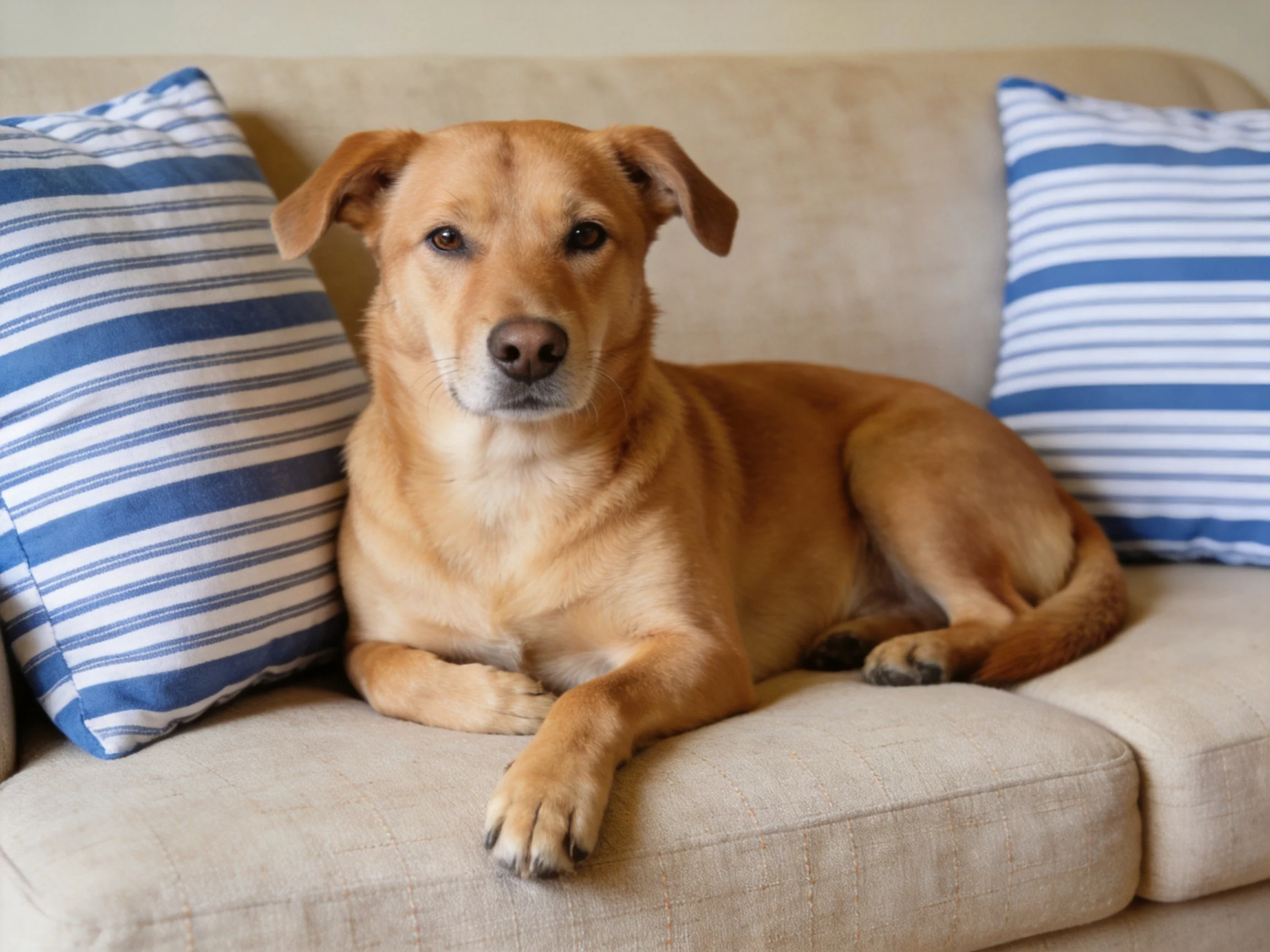 A tan dog rests on a beige couch with striped blue pillows