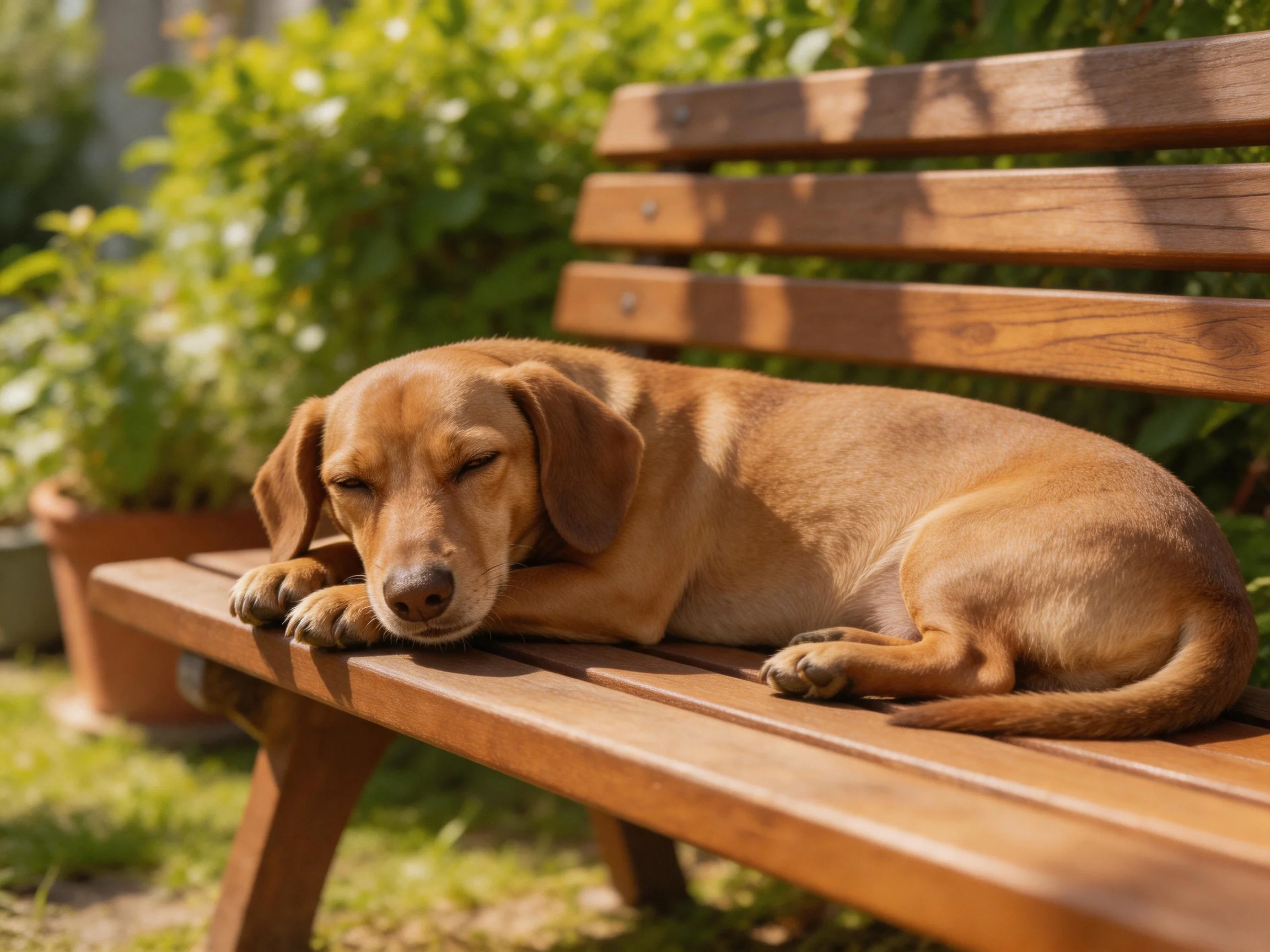 A tan dog naps on a wooden bench in a sunlit garden.