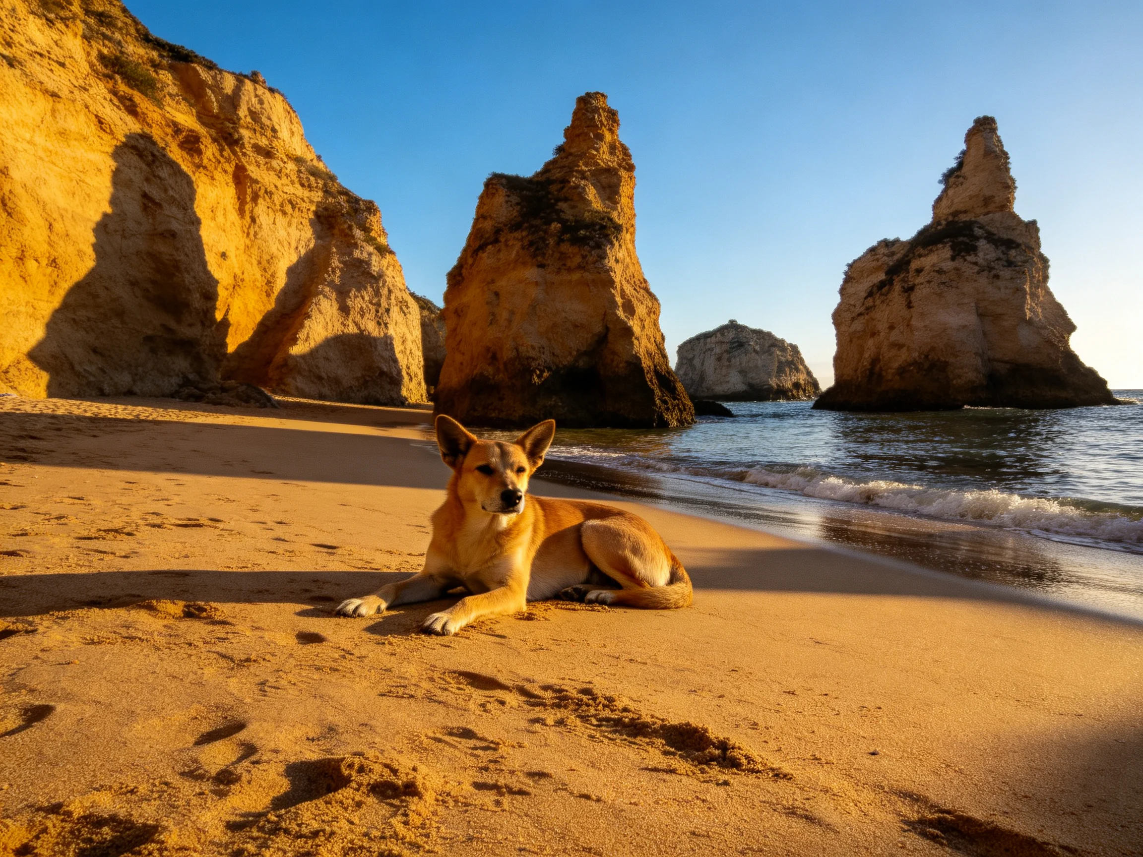 A tan dog rests on a sandy beach near towering rock formations