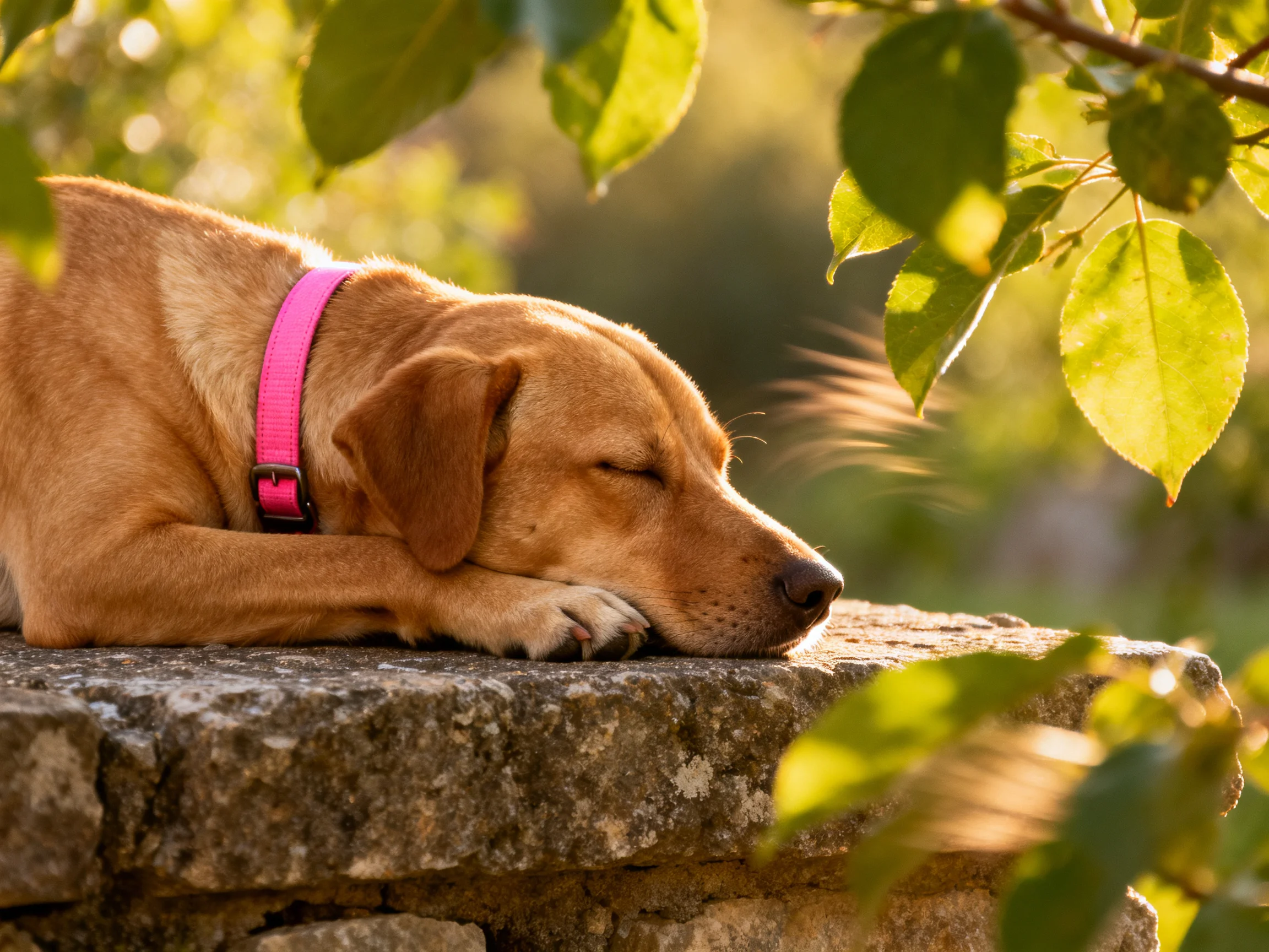 A tan dog rests on a stone ledge amid sunlit green foliage