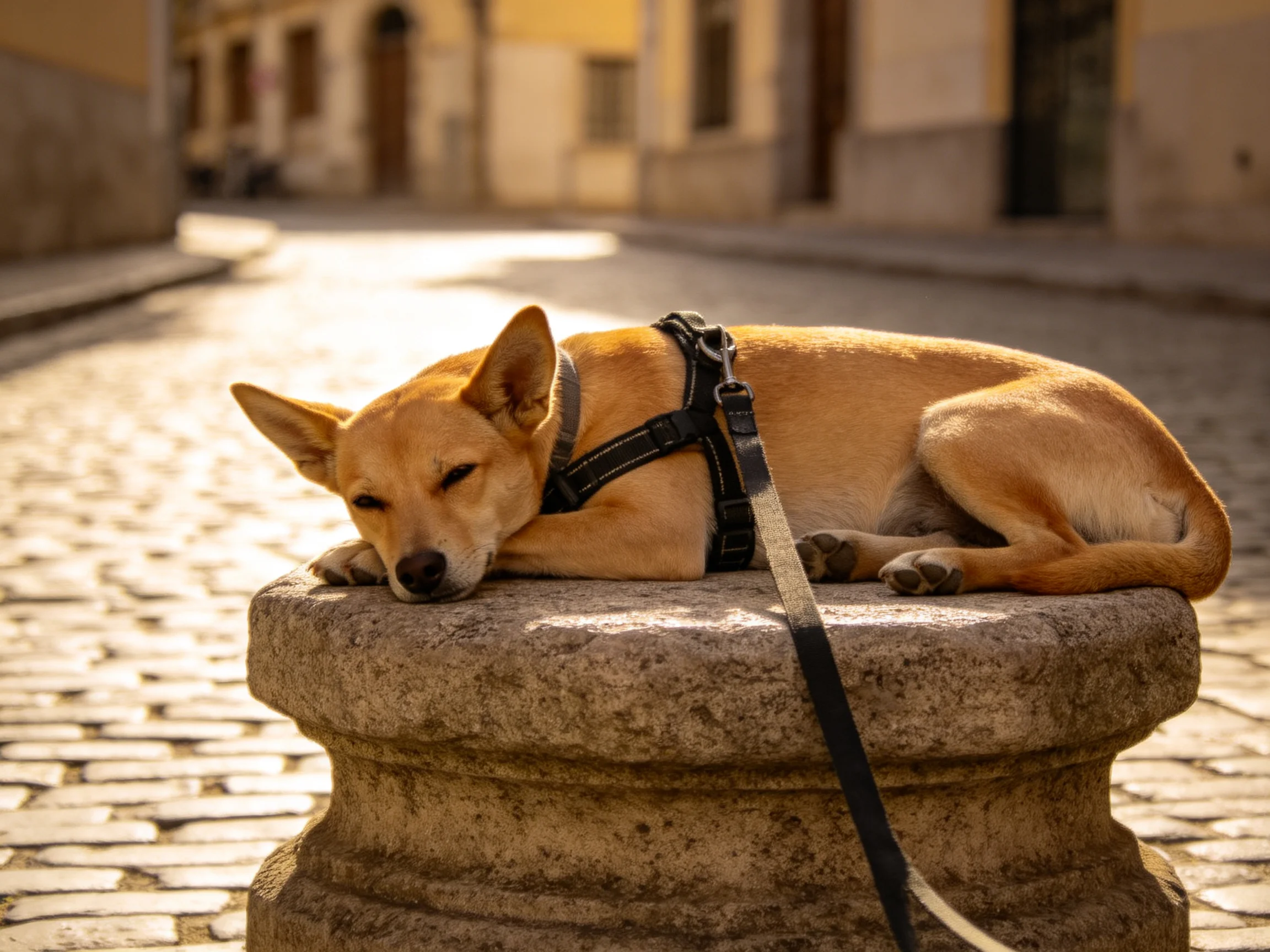 A tan dog relaxes on a stone pedestal along a sunlit cobblestone street.