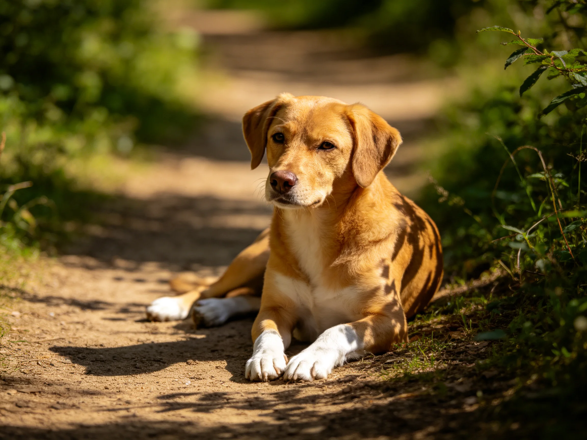 A tan dog relaxes on a sunlit dirt path in a natural setting.