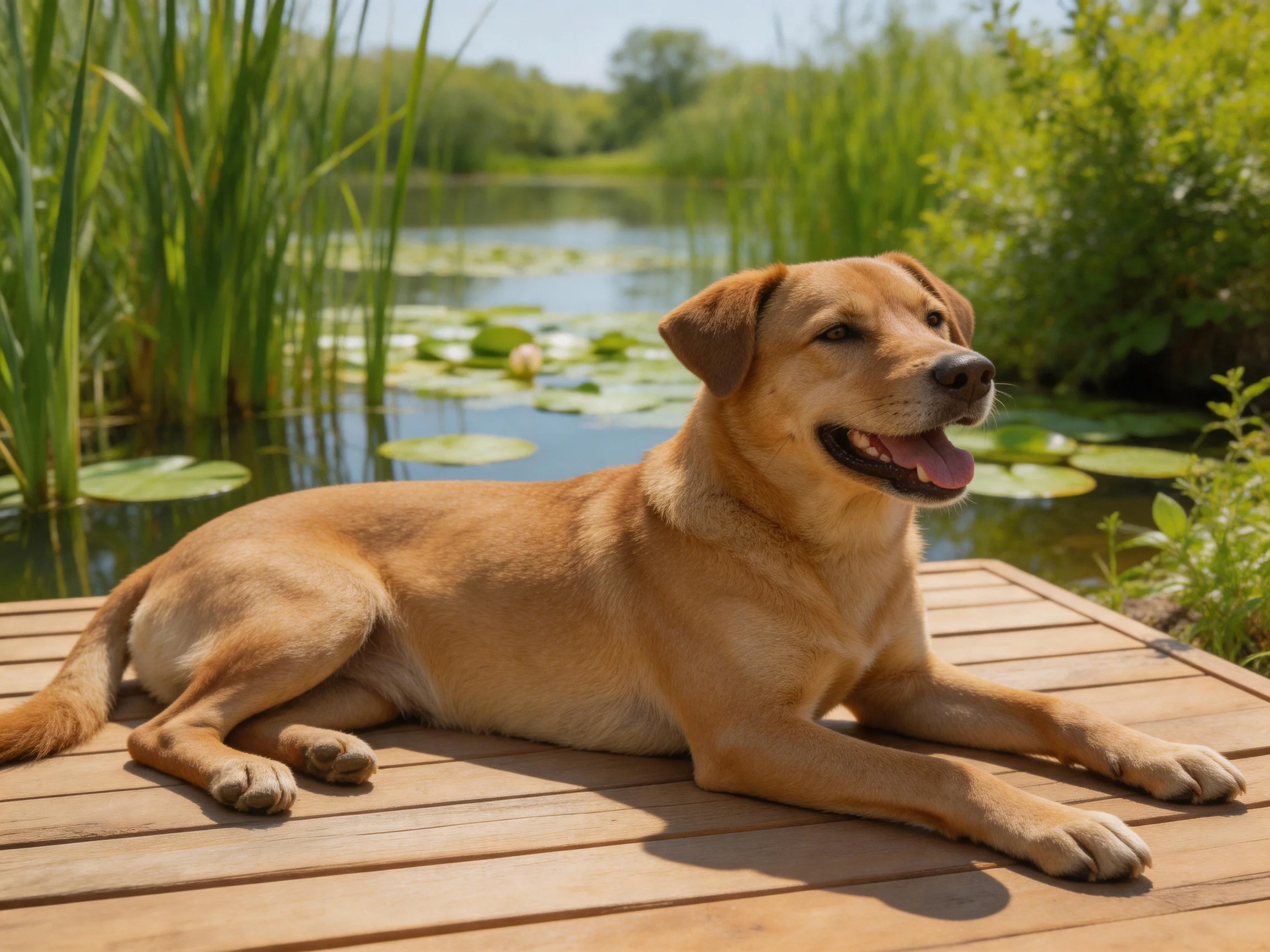 A tan dog relaxes on a wooden deck near a peaceful pond.