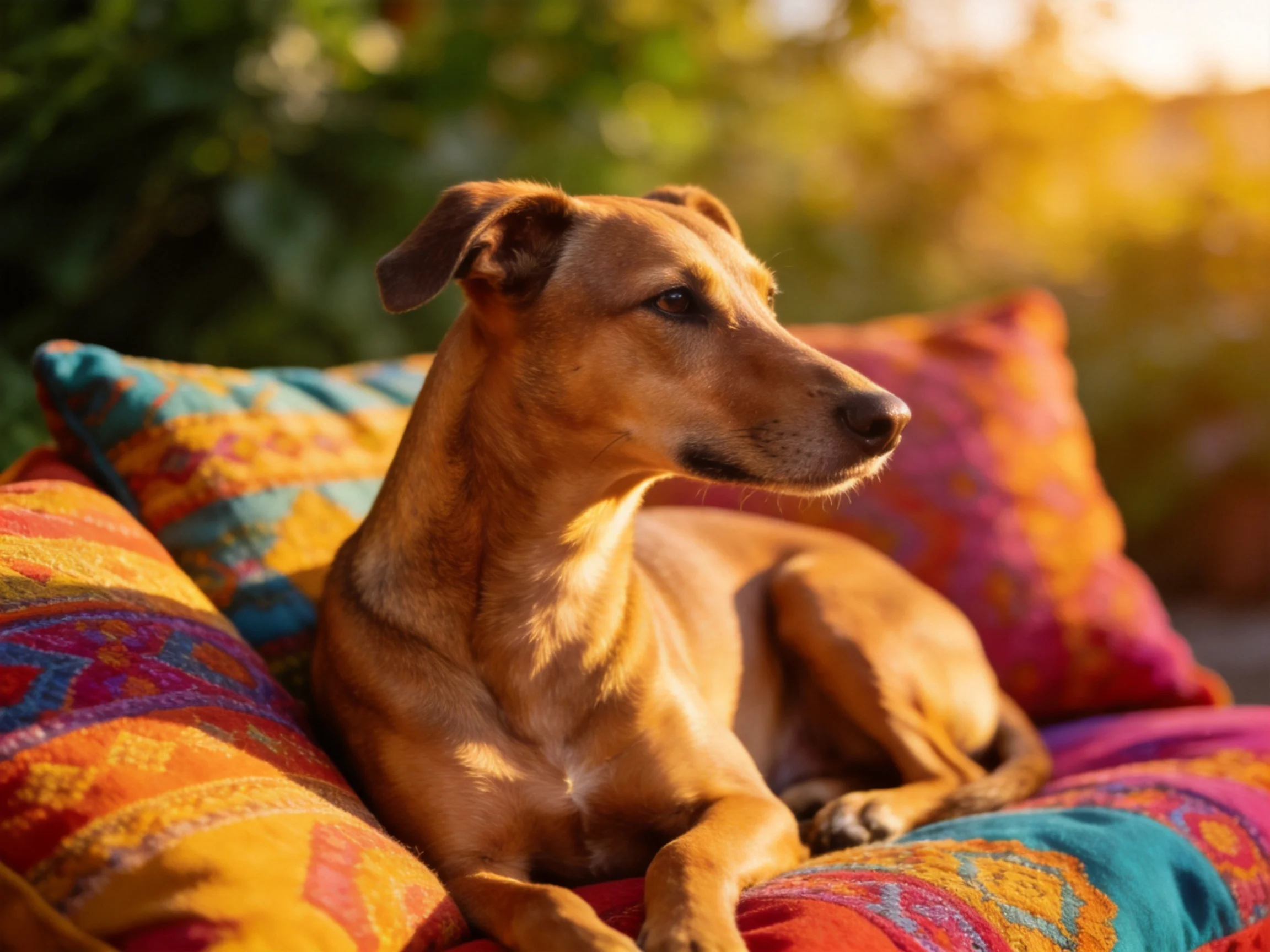 A tan dog relaxes comfortably on colorful cushions in a sunlit outdoor area.