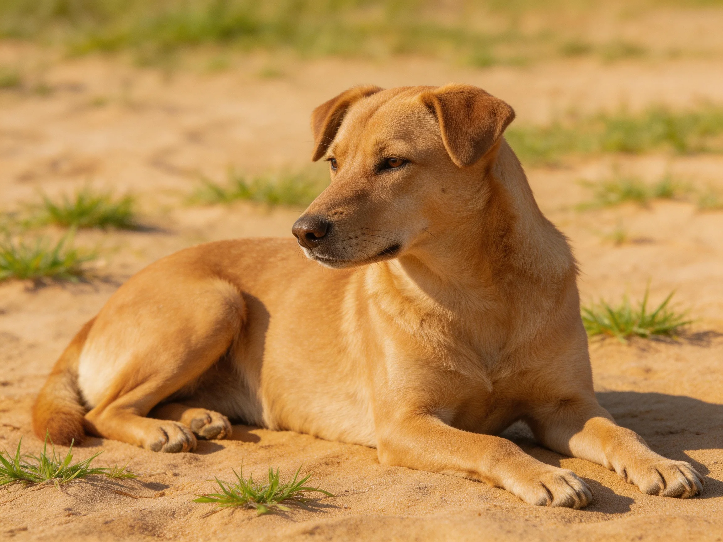 A tan dog rests on sandy ground with scattered green patches