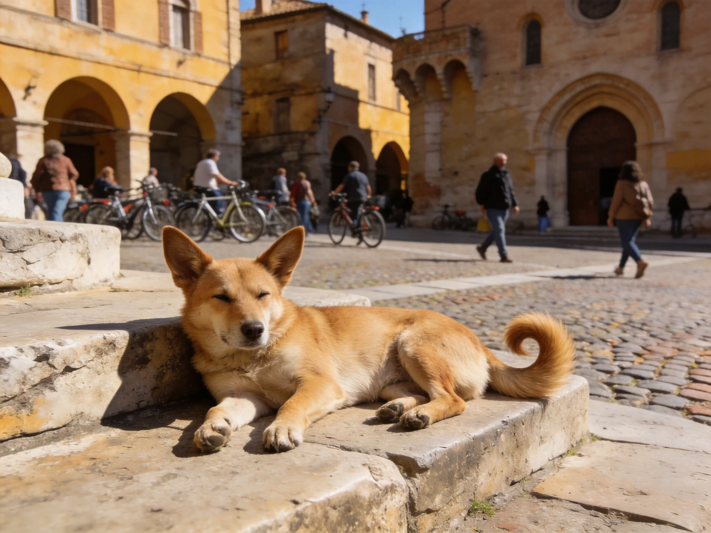 A tan dog relaxes on stone steps in a historic town square with pedestrians and cyclists.