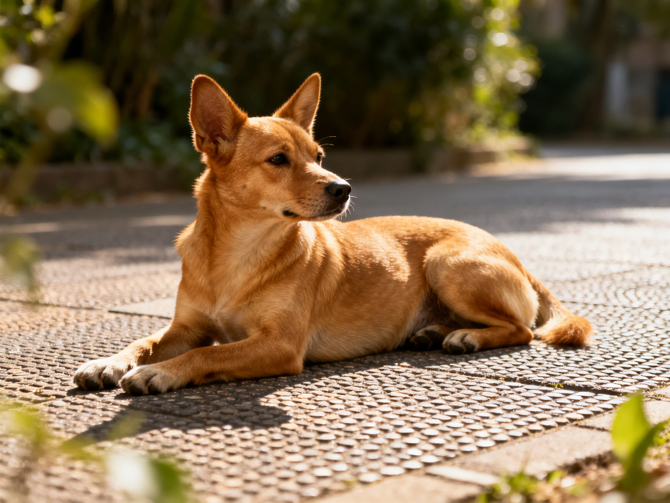 A tan dog rests on textured pavement amid greenery
