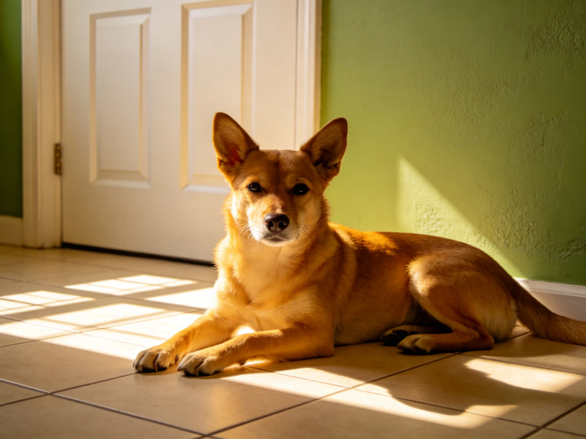 A tan dog rests on tiled flooring by a white door and green wall