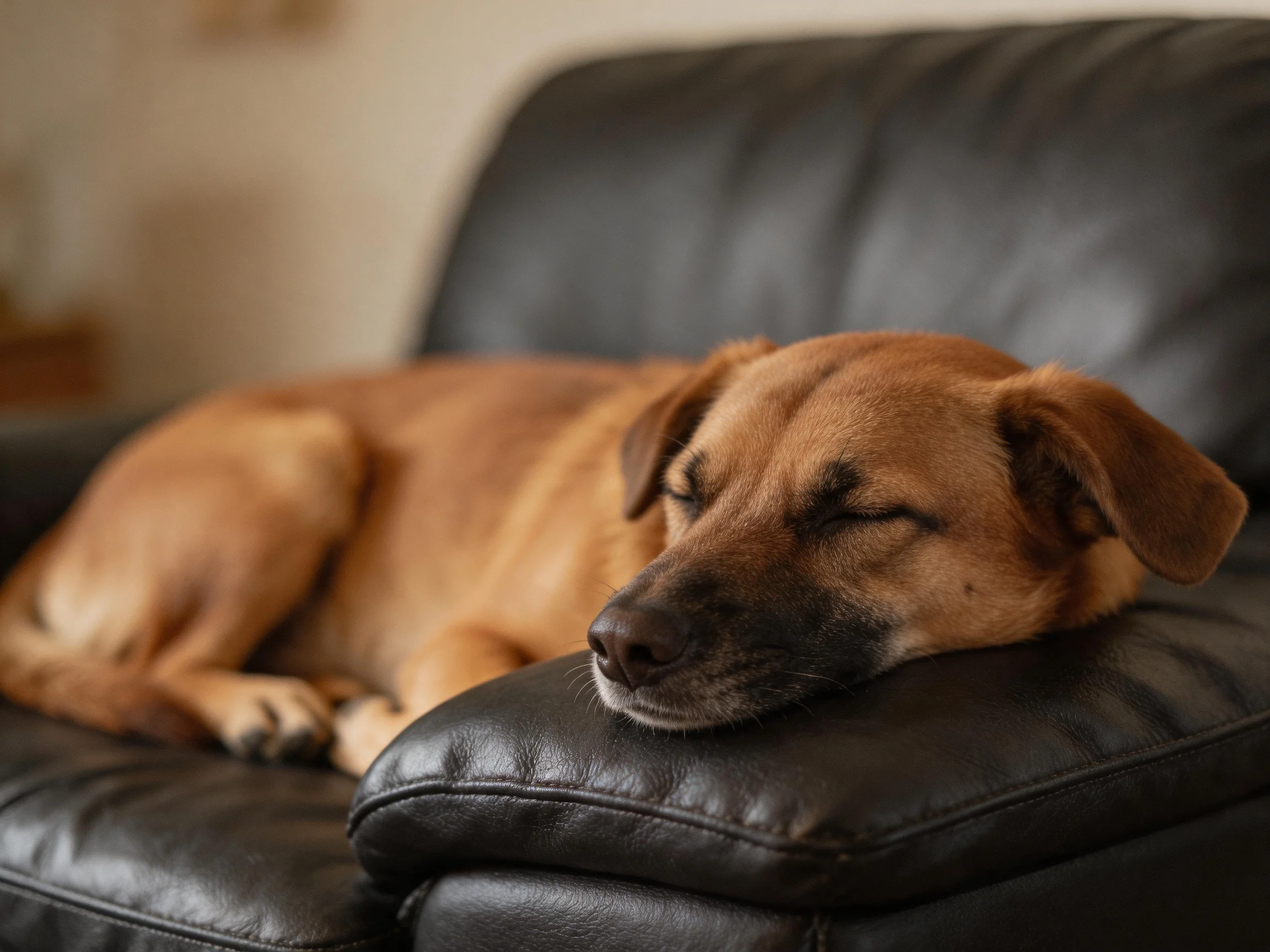 A tan dog sleeps comfortably on a black leather couch