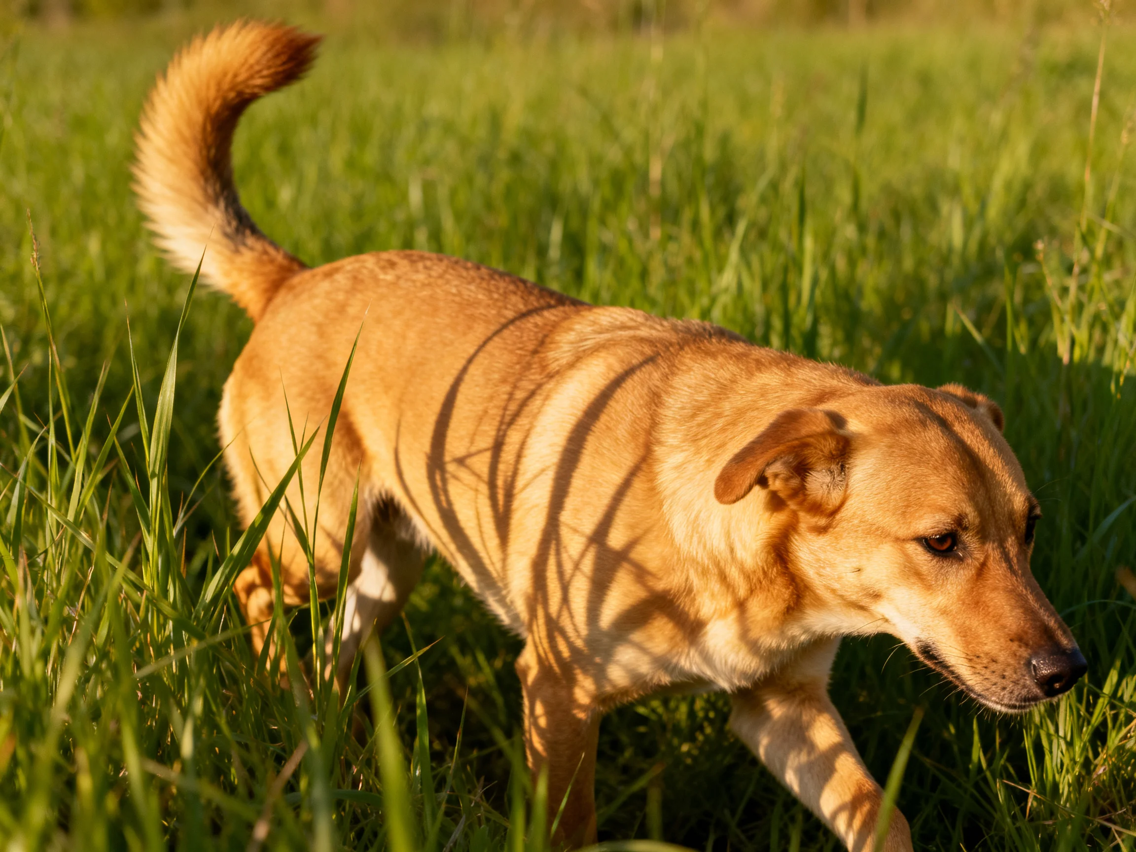 A tan dog moves through tall green grass in a sunlit field.