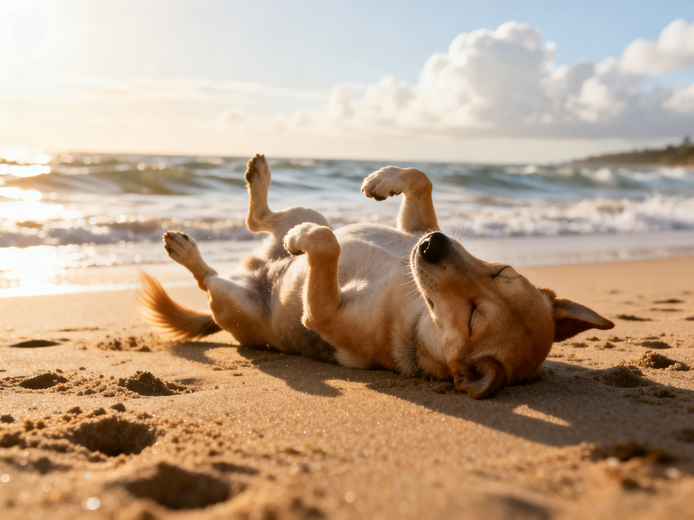 A tan dog rolls on golden sand near crashing blue waves