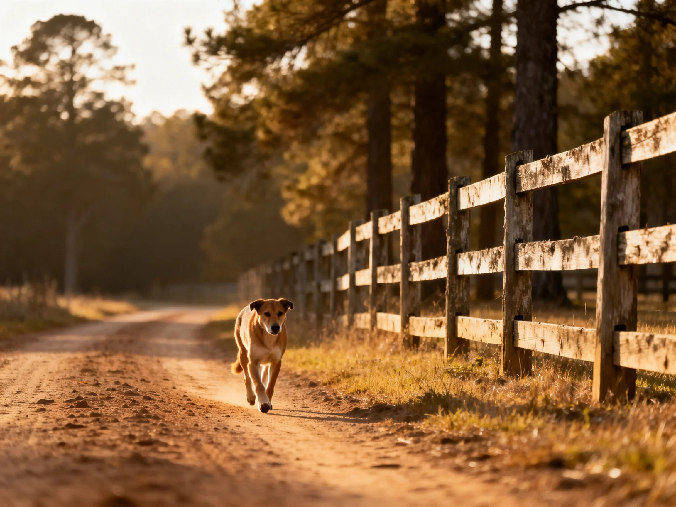 A dog runs down a sunlit dirt road next to a weathered wooden fence.